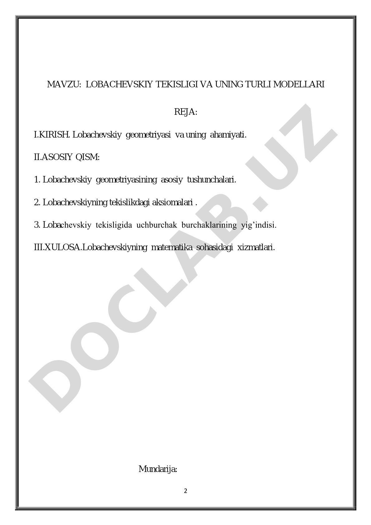 Lobachevskiy tekisligi va uning turli modellari