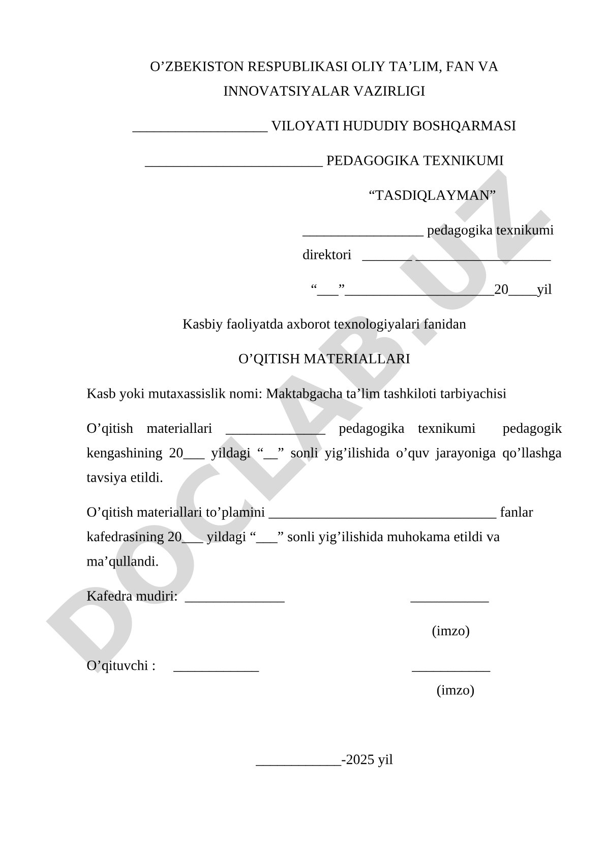 Kasbiy faoliyatda axborot texnologiyalari fanidan o'qitish materiallari
