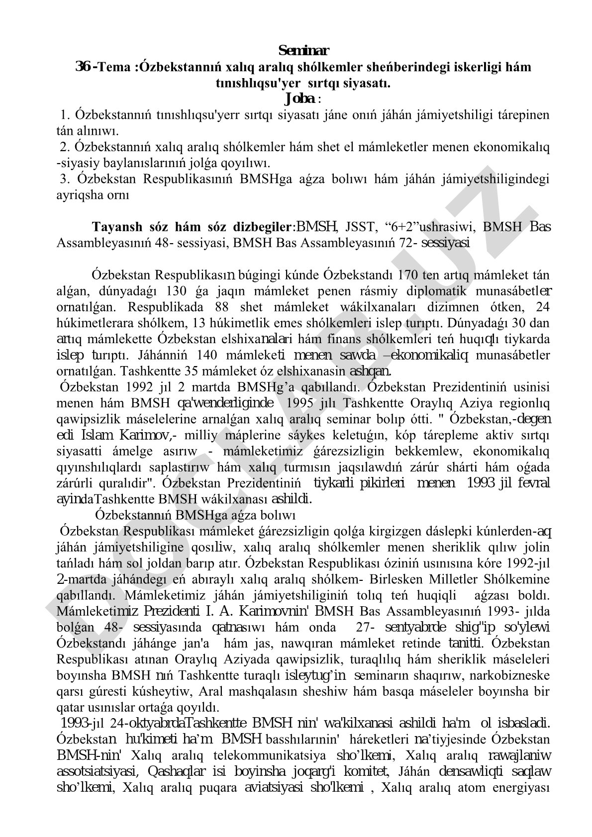 Ózbekstannıń xalıq aralıq shólkemler sheńberindegi iskerligi hám tınıshlıqsu'yer sırtqı siyasatı