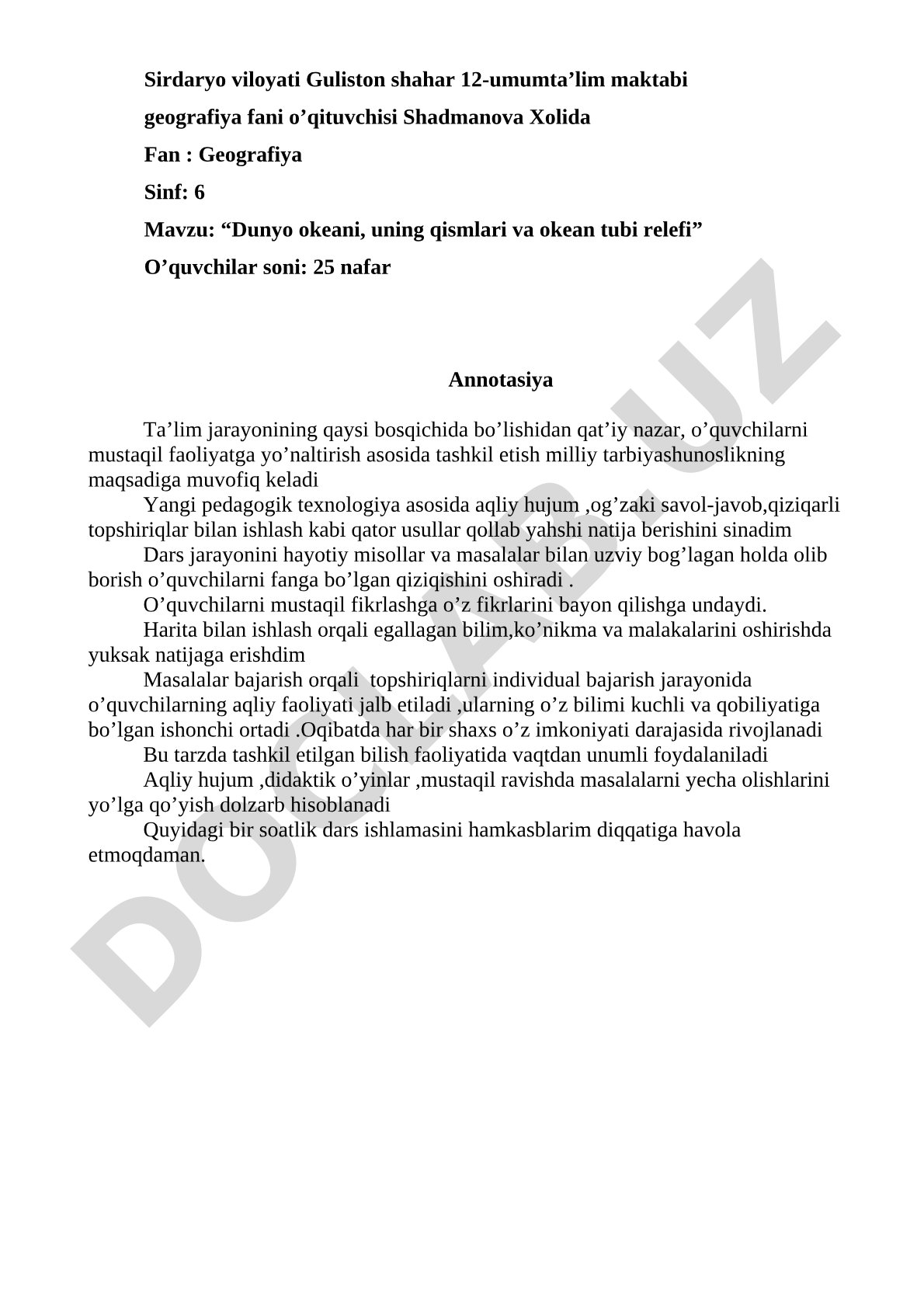 Dunyo okeani, uning qismlari va okean tubi relefi