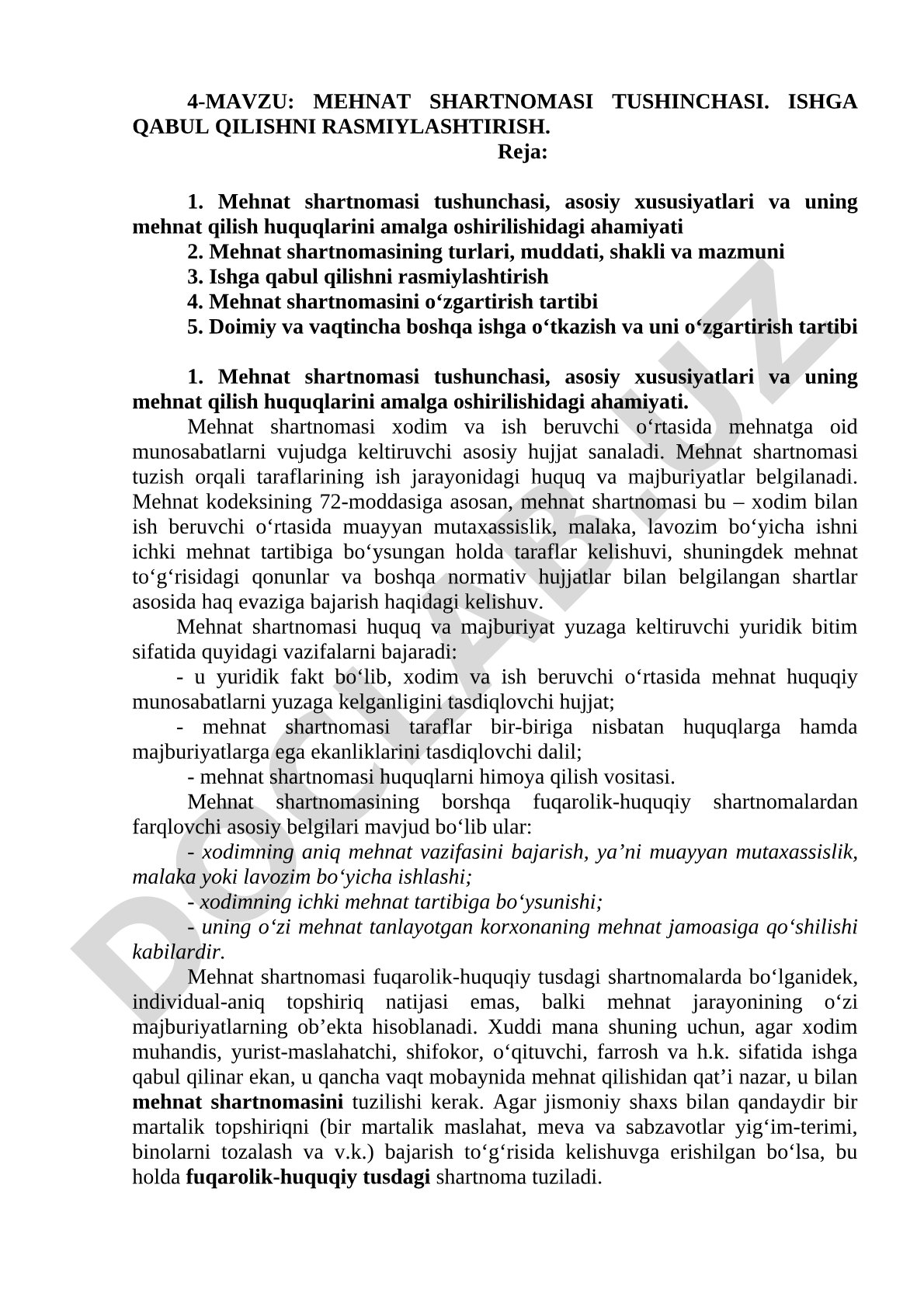 Mehnat shartnomasi tushunchasi. Ishga qabul qilishni rasmiylashtirish