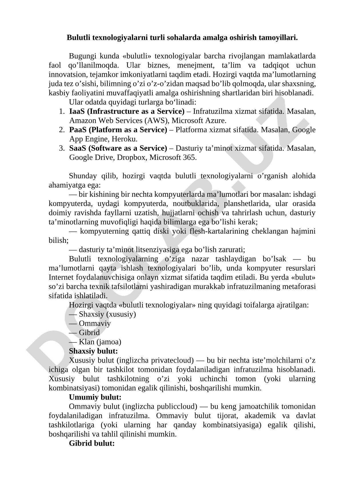 Bulutli texnologiyalarni turli sohalarda amalga oshirish tamoyillari