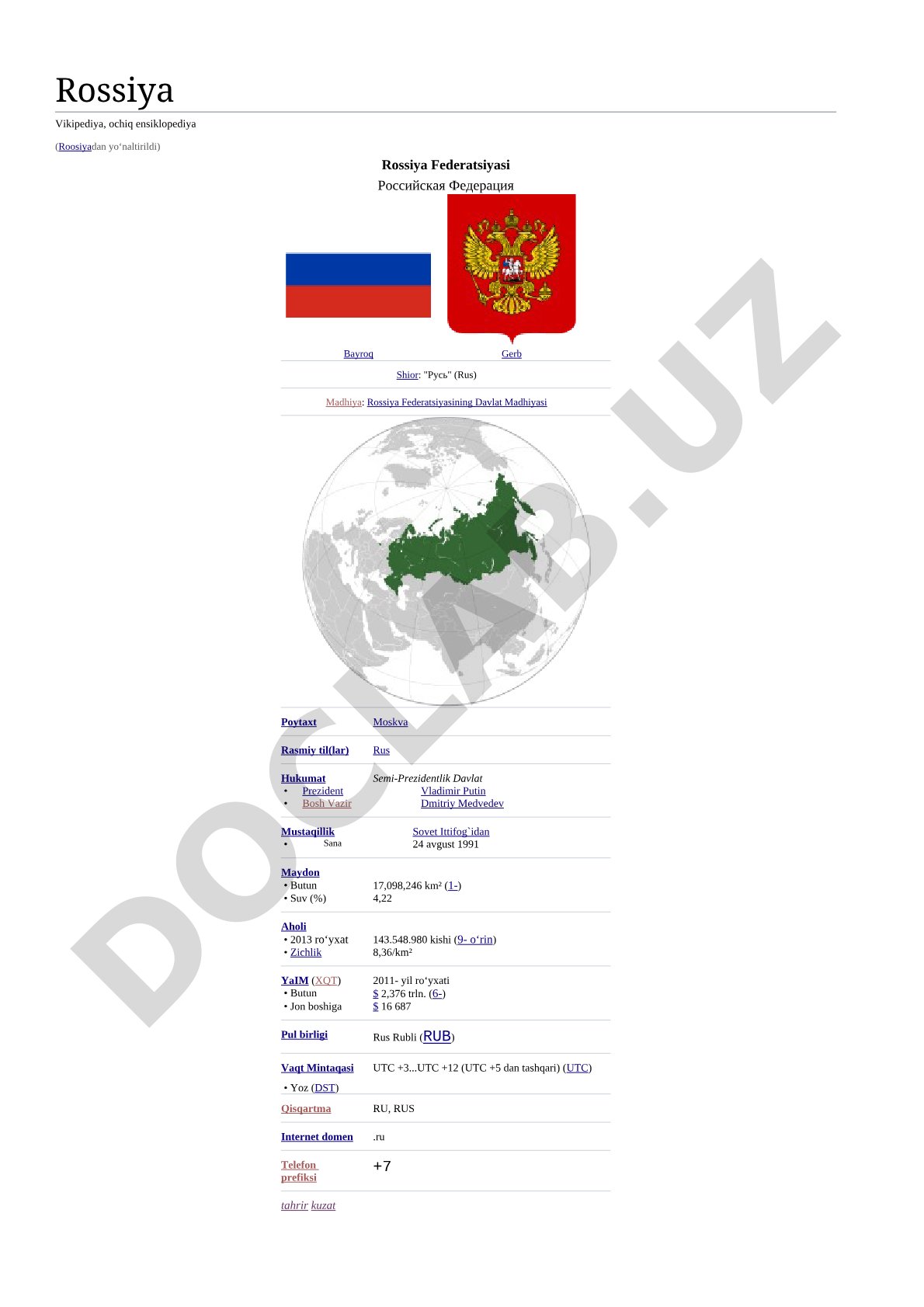 Rossiya Federatsiyasi haqida umumiy ma'lumot