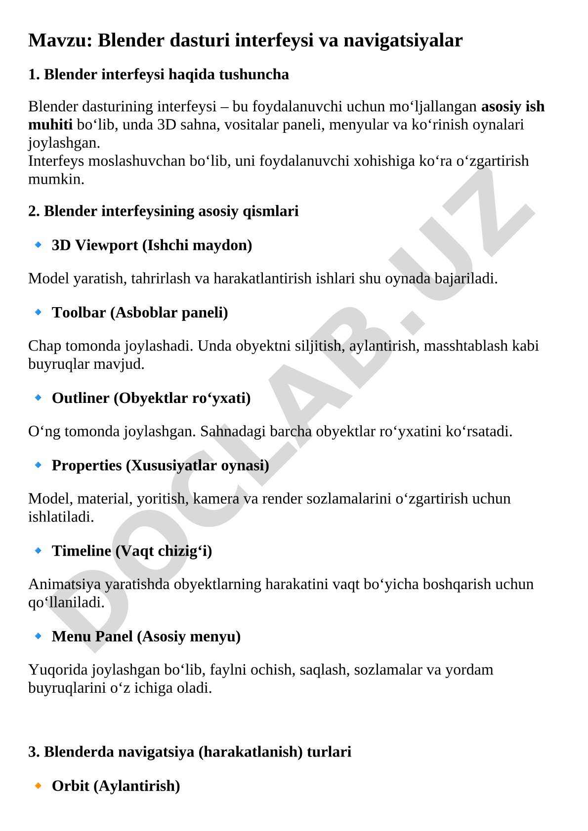 Blender dasturi interfeysi va navigatsiyalar