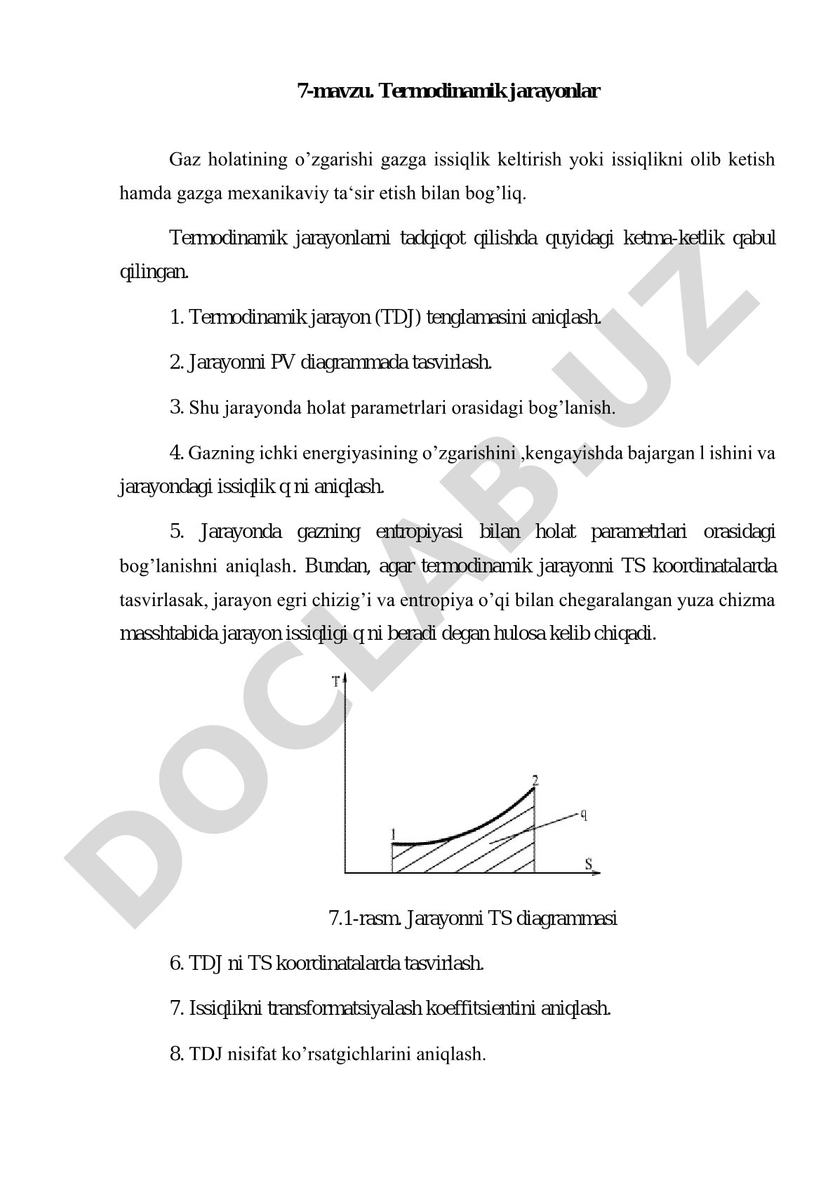 Termodinamik jarayonlarni tadqiqot qilish ketma-ketligi, PV va TS diagrammalar