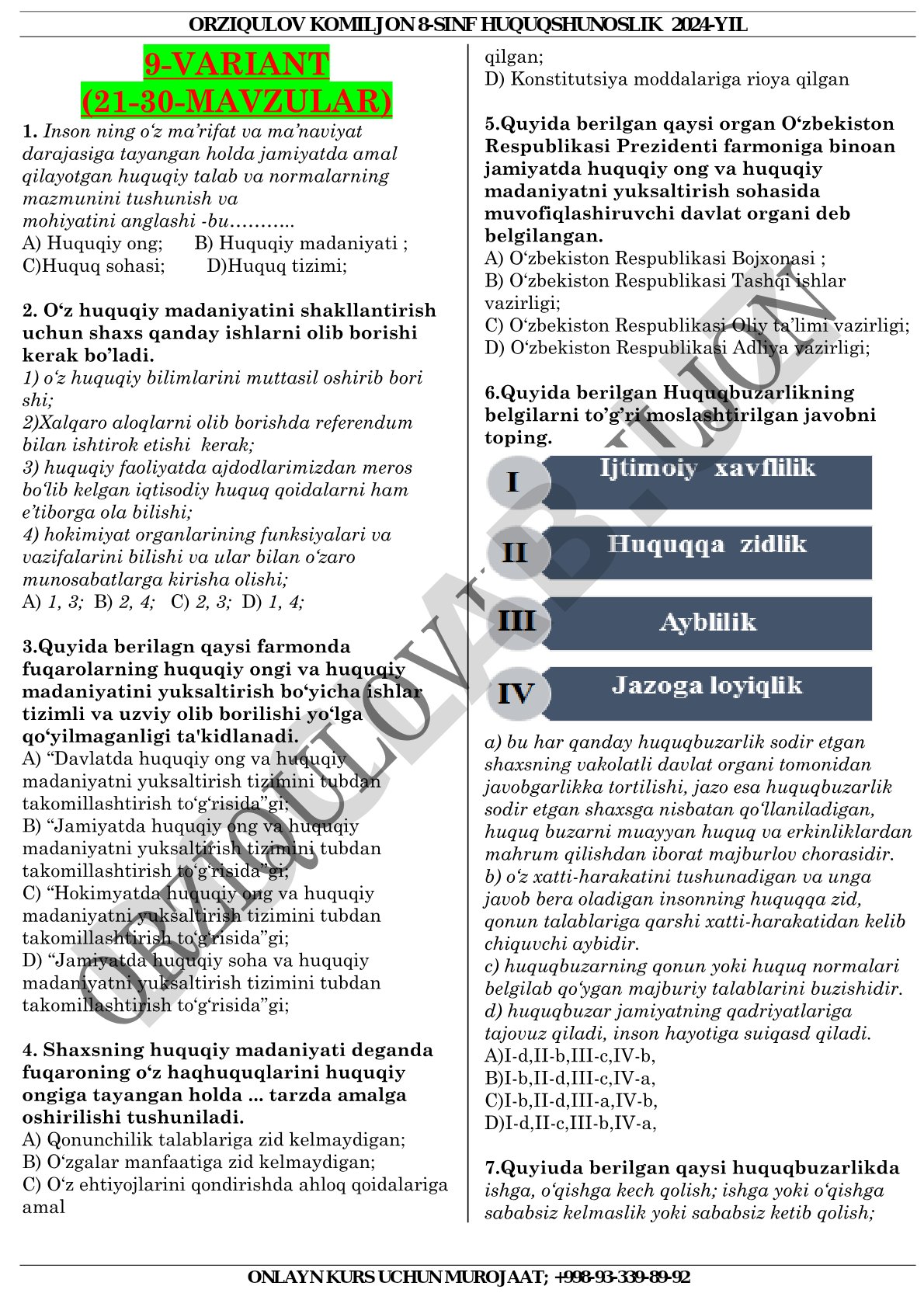8-sinf huquqshunoslik 2024-yil onlayn kurs uchun murojaat