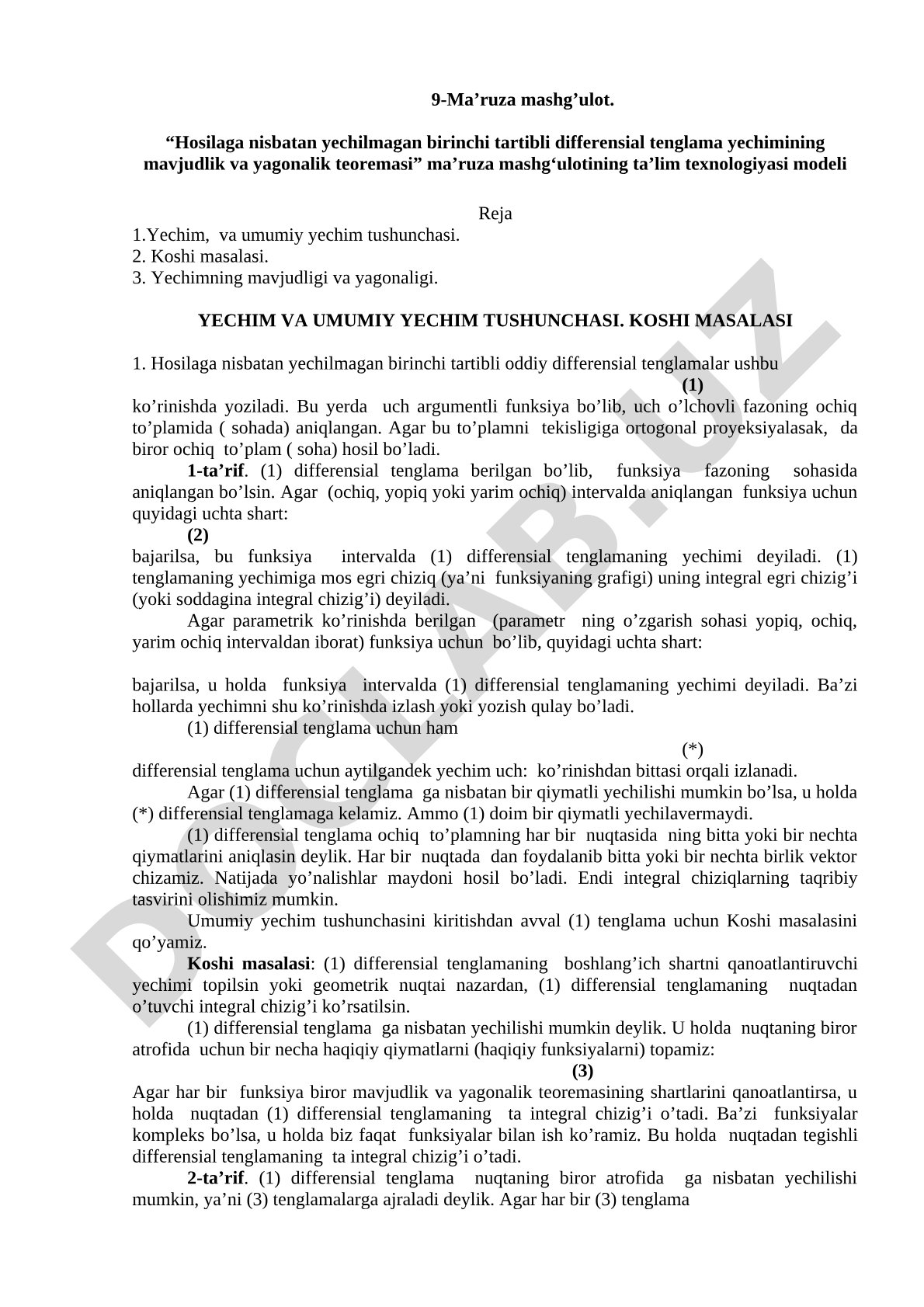 Hosilaga nisbatan yechilmagan birinchi tartibli differensial tenglama yechimining mavjudlik va yagonalik teoremasi