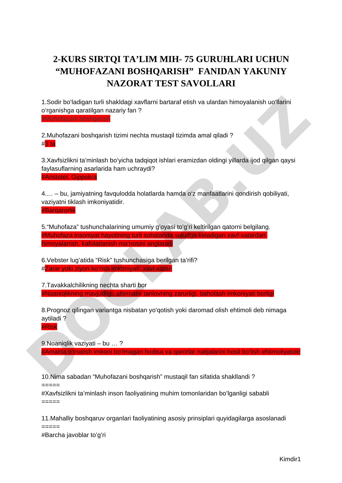 Muhofazani boshqarish fanidan yakuniy nazorat test savollari