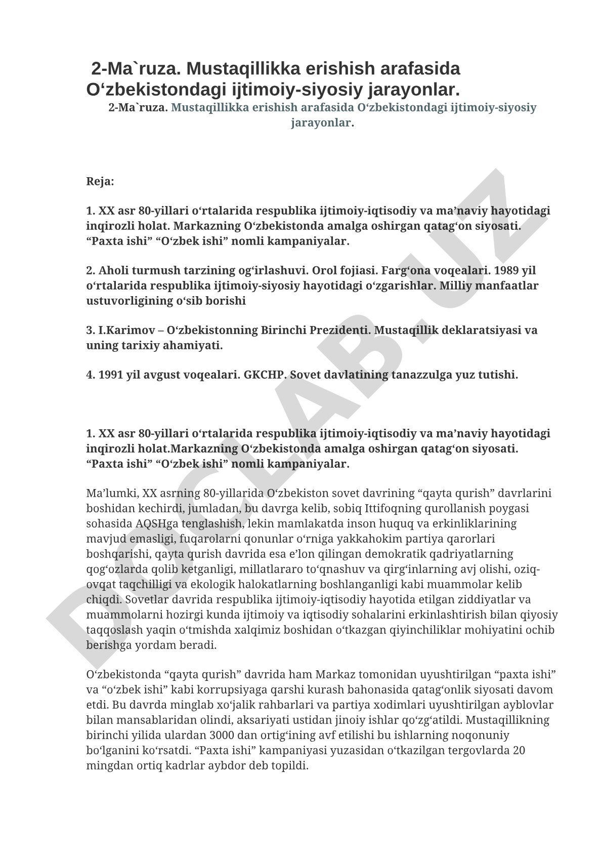 Mustaqillikka erishish arafasida O‘zbekistondagi ijtimoiy-siyosiy jarayonlar