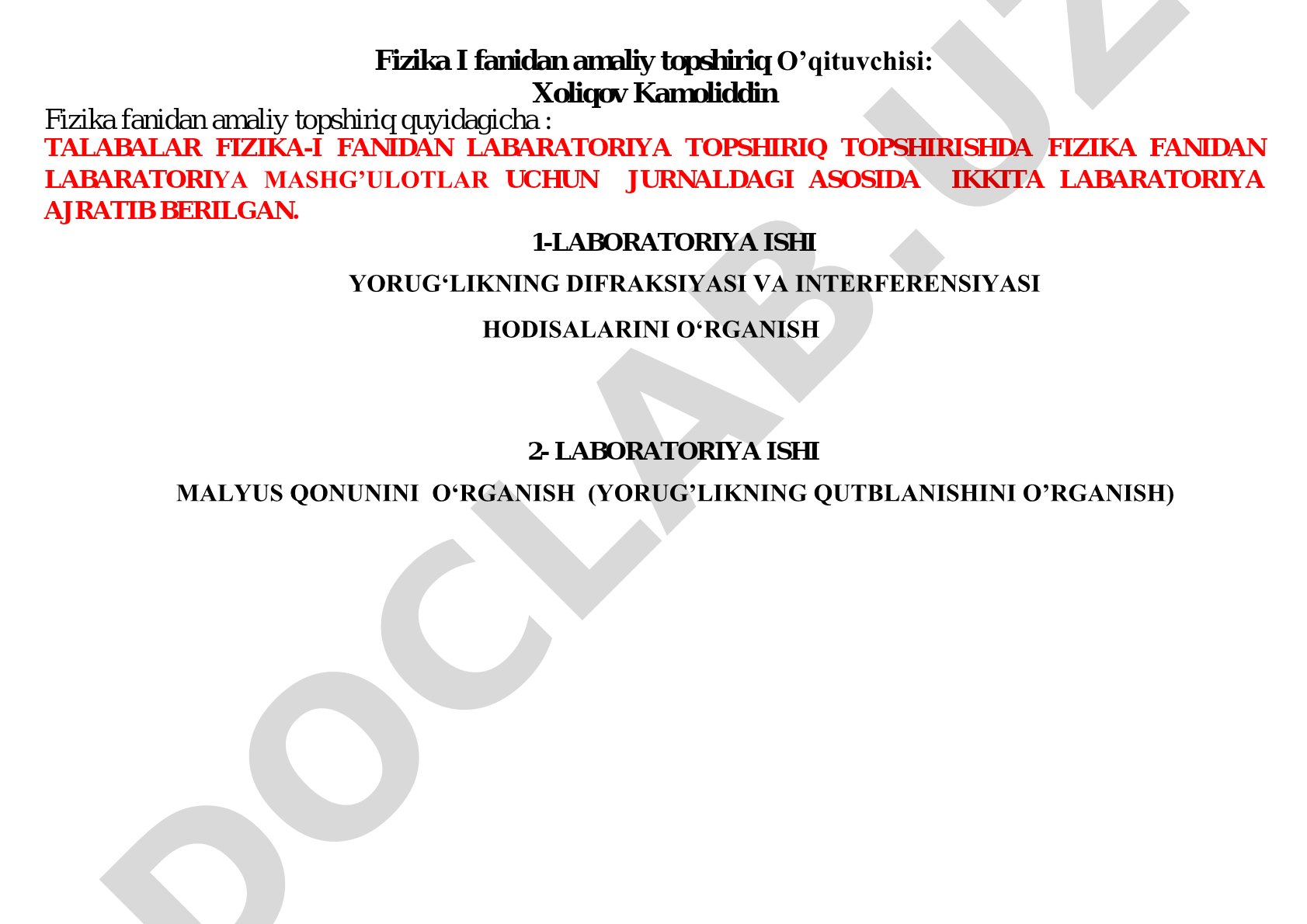 Fizika I fanidan amaliy topshiriq