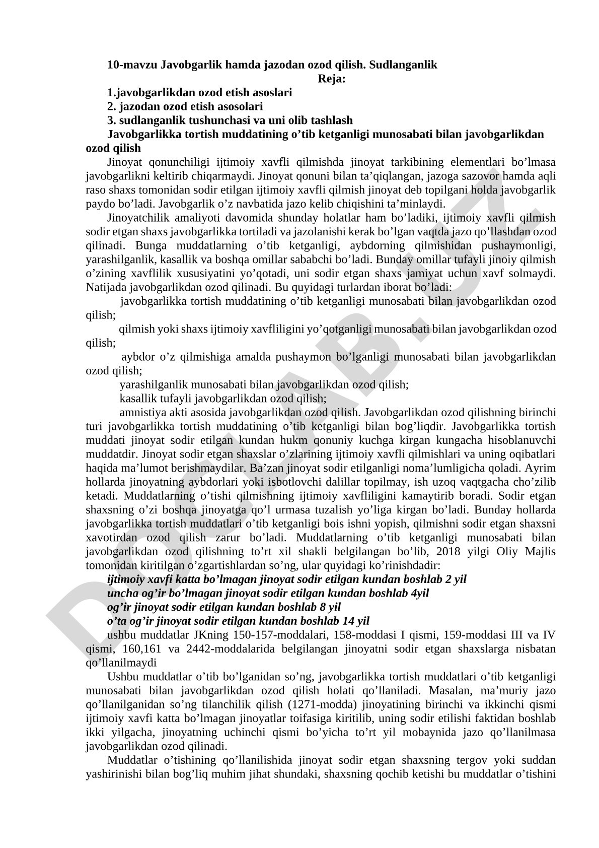 Javobgarlik hamda jazodan ozod qilish. Sudlanganlik