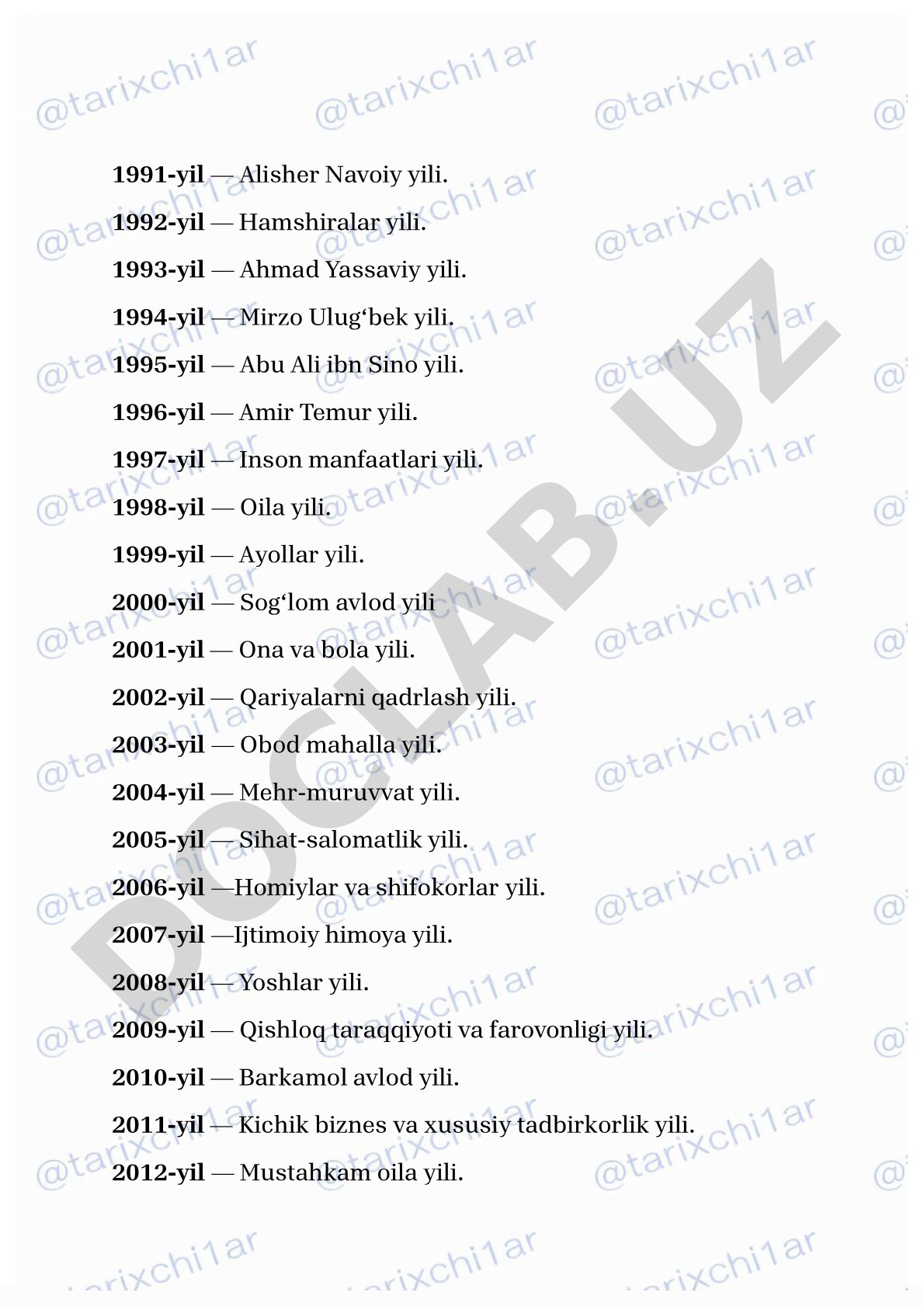 1991-2021 yillarda O‘zbekistonda belgilangan yil mavzulari