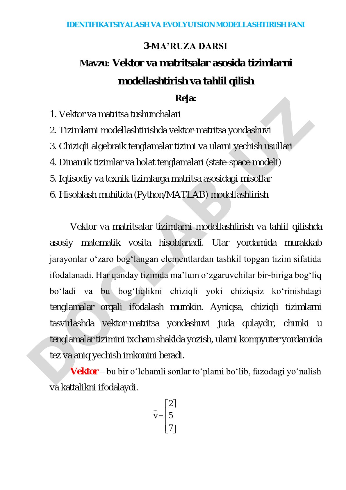 Vektor va matritsalar asosida tizimlarni modellashtirish va tahlil qilish