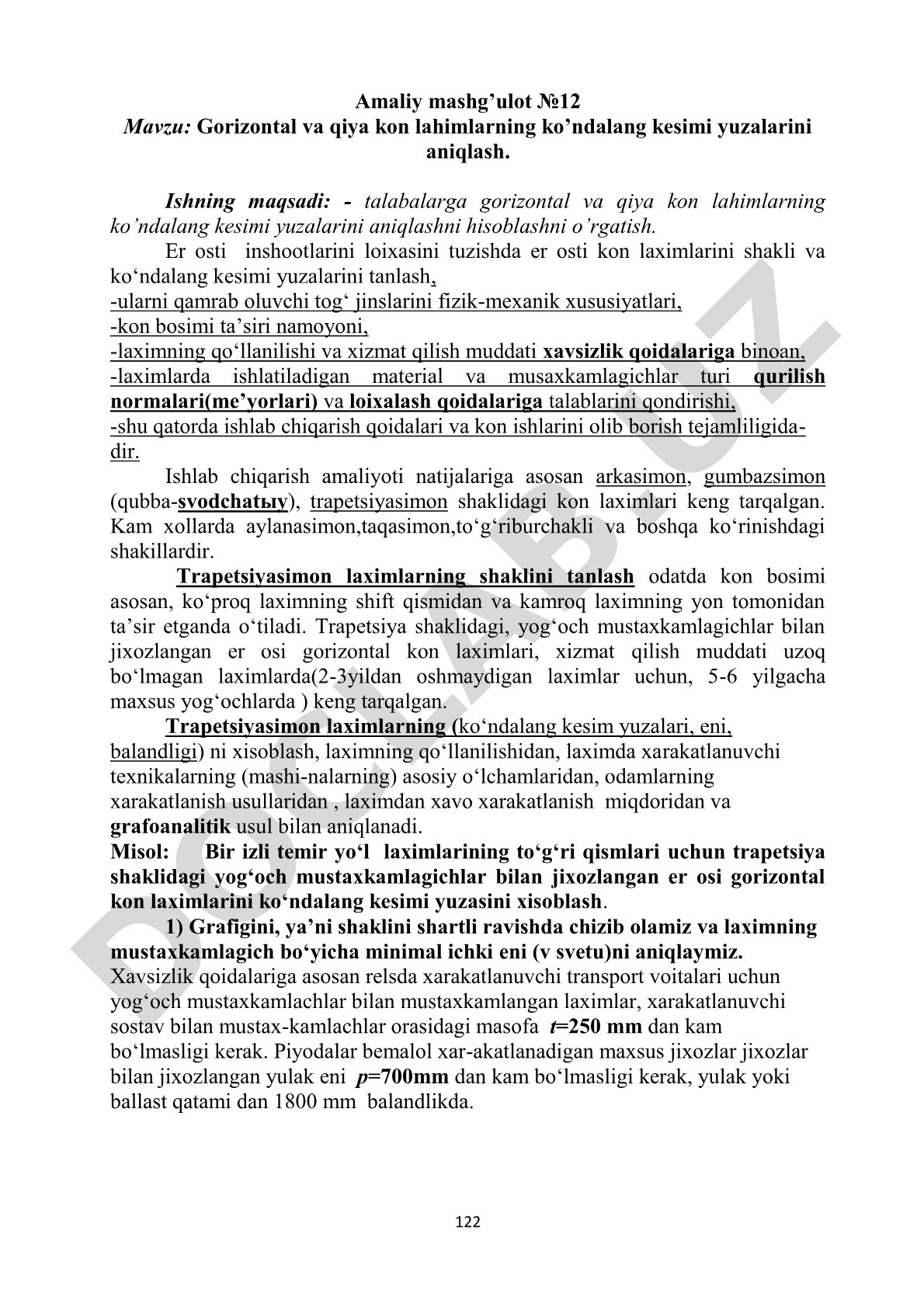 Gorizontal va qiya kon lahimlarning ko'ndalang kesimi yuzalarini aniqlash