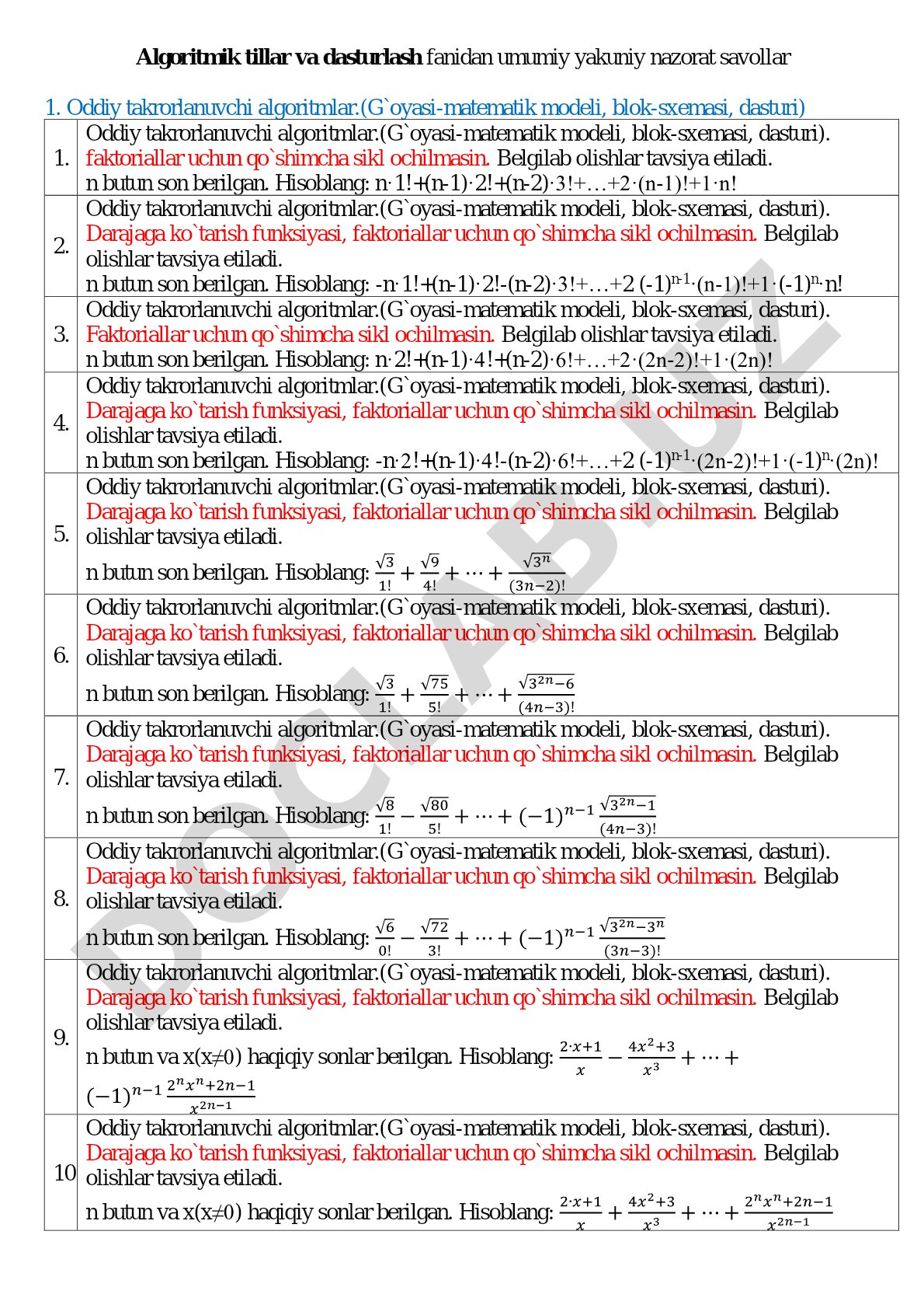 Algoritmik tillar va dasturlash fanidan umumiy yakuniy nazorat savollari