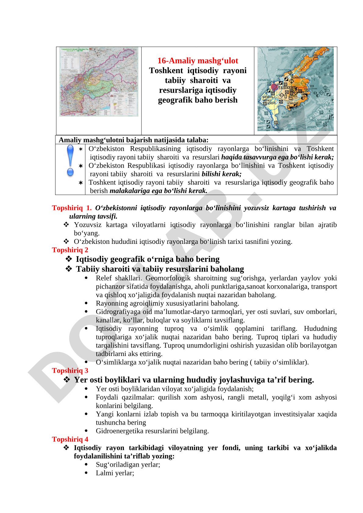 Toshkent iqtisodiy rayoni tabiiy sharoiti va resurslariga iqtisodiy geografik baho berish