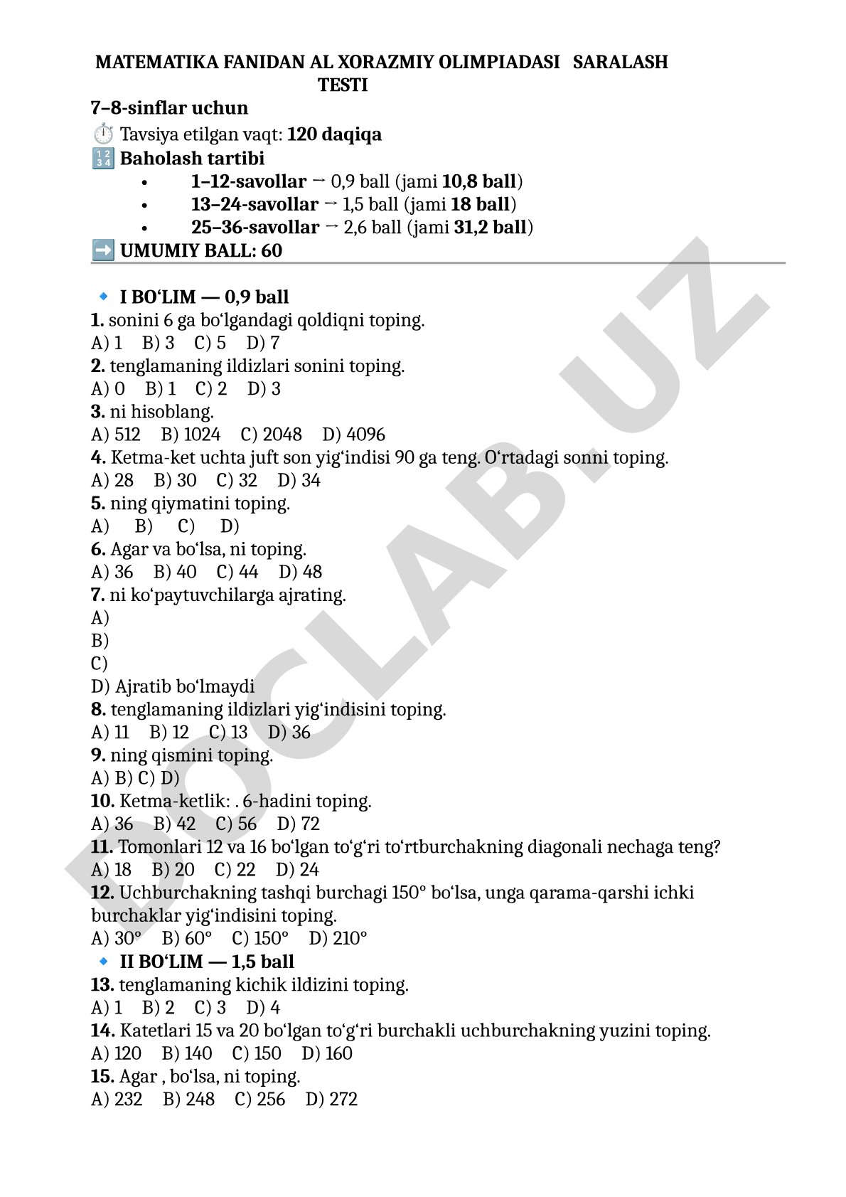 Matematika fanidan Al Xorazmiy olimpiadasi saralash testi (7-8 sinflar)