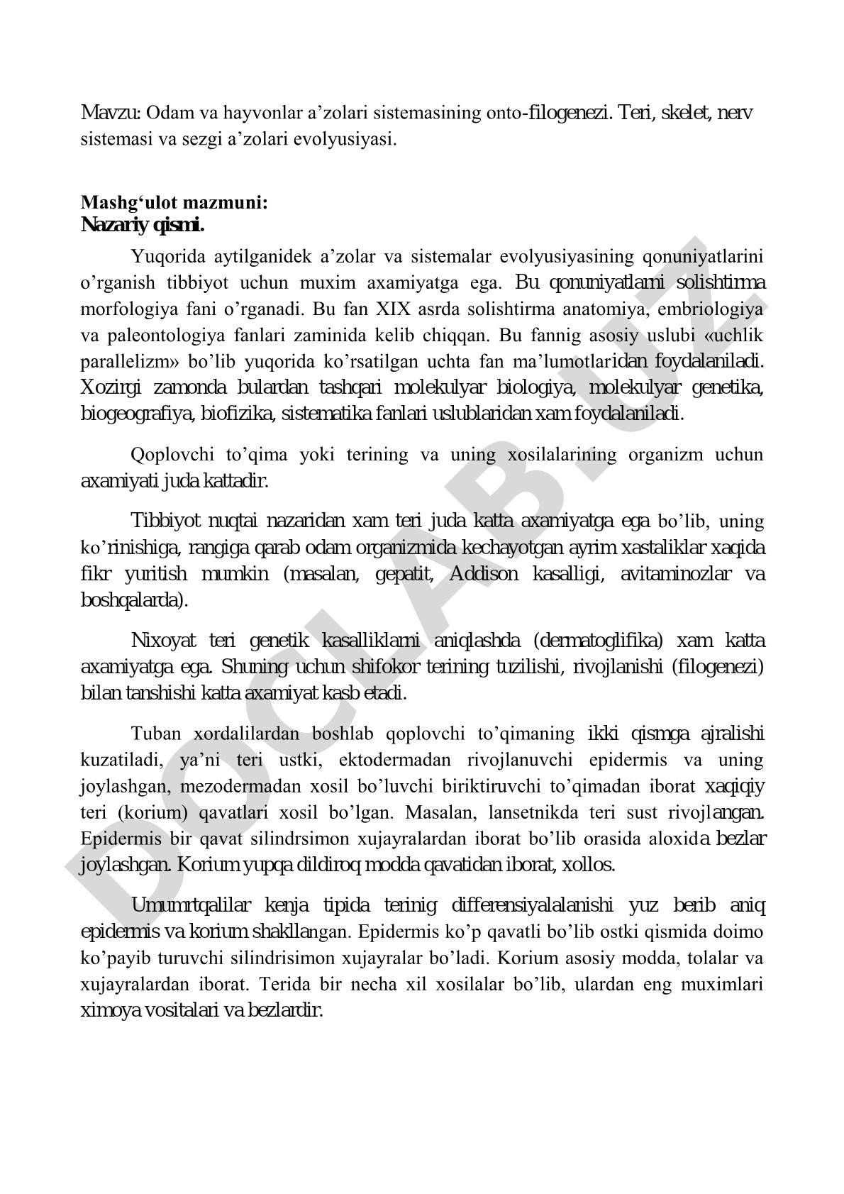 Odam va hayvonlar a’zolari sistemasining onto-filogenezi. Teri, skelet, nerv sistemasi va sezgi a’zolari evolyusiyasi