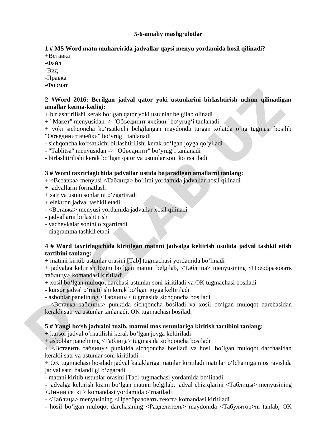 MS Word matn muharririda jadvallar