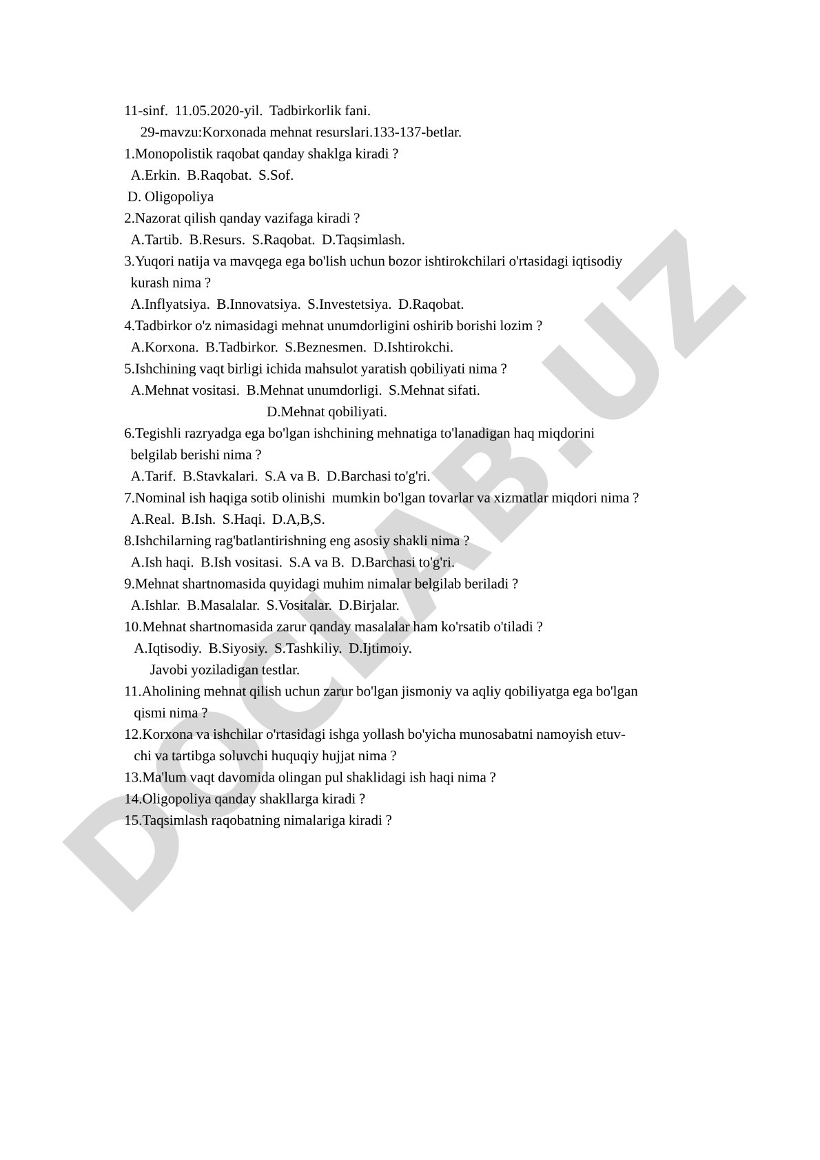 Korxonada mehnat resurslari