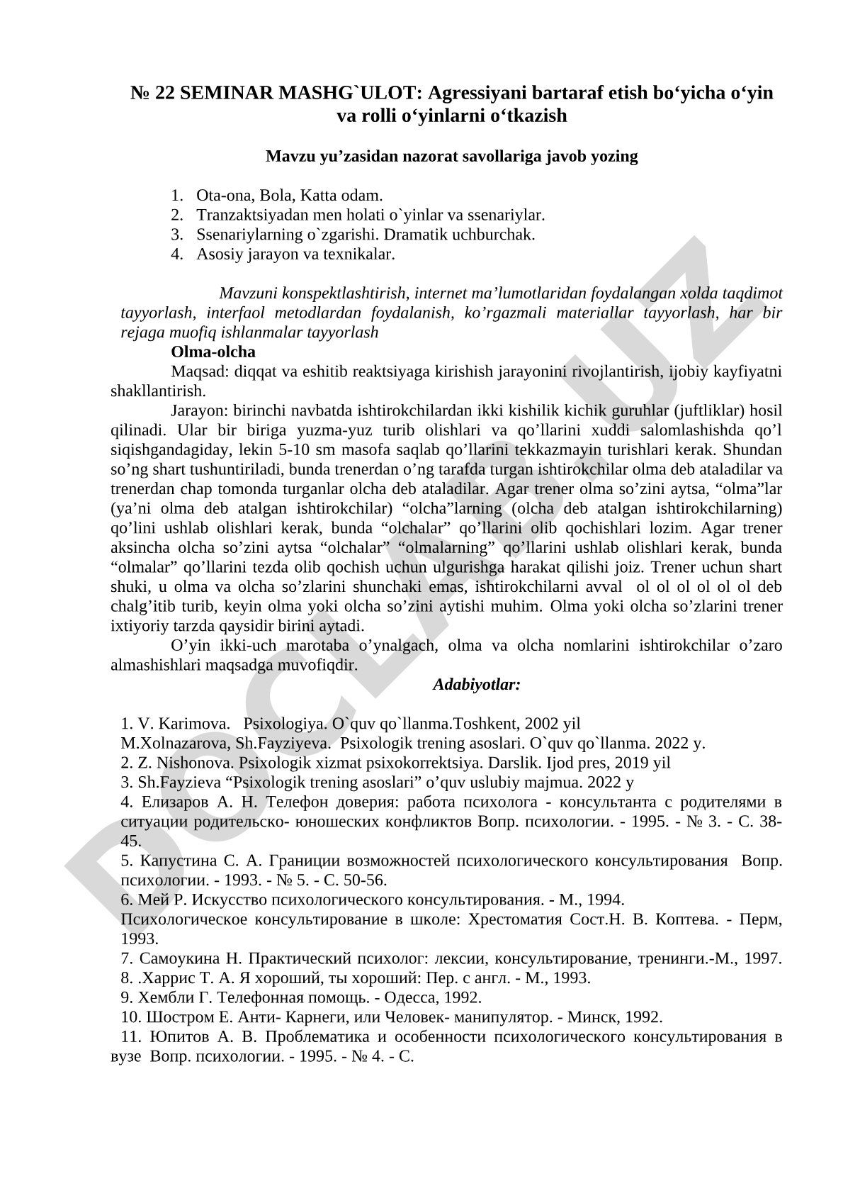 Agressiyani bartaraf etish bo'yicha o'yin va rolli o'yinlarni o'tkazish