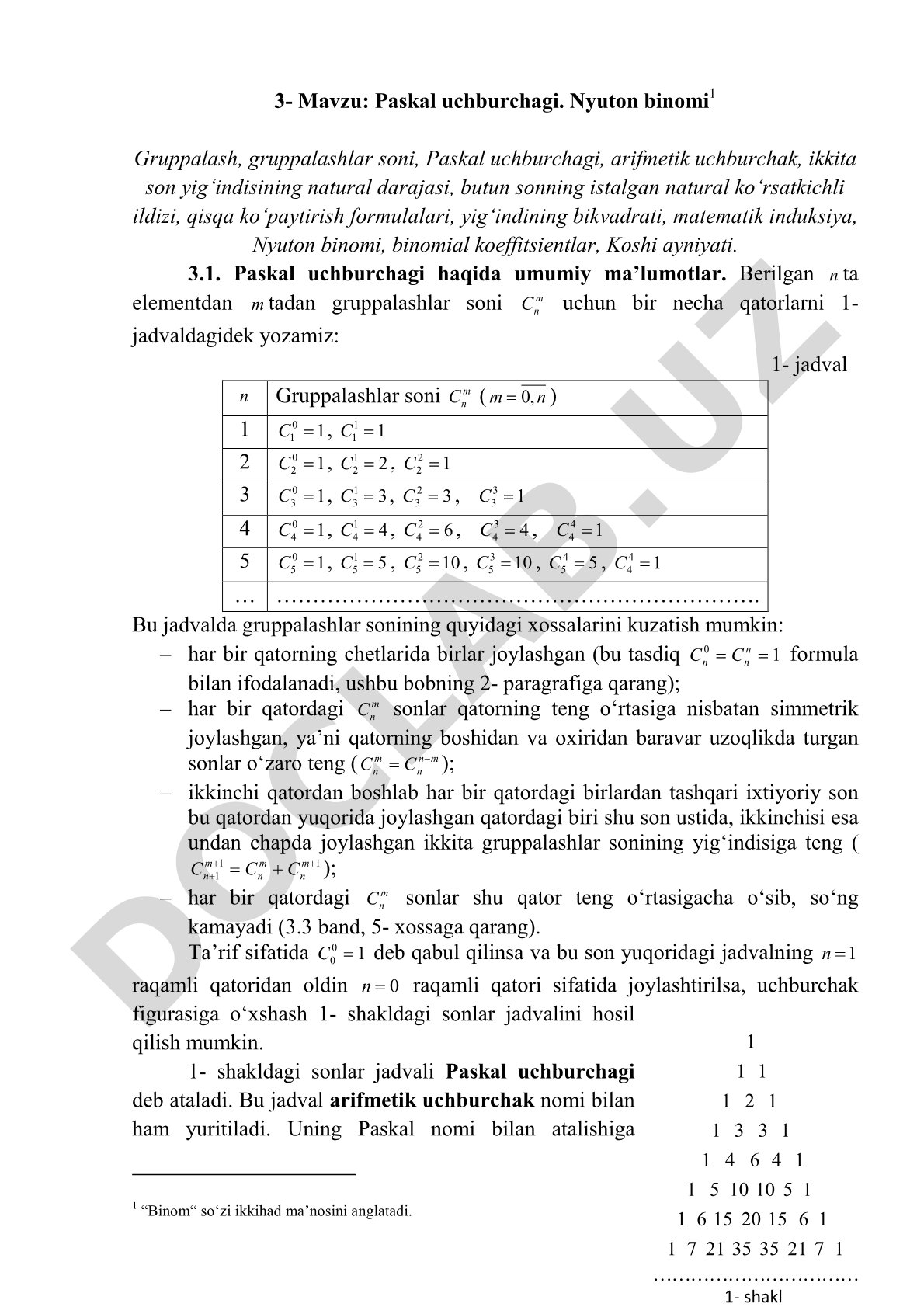 Paskal uchburchagi. Nyuton binomi