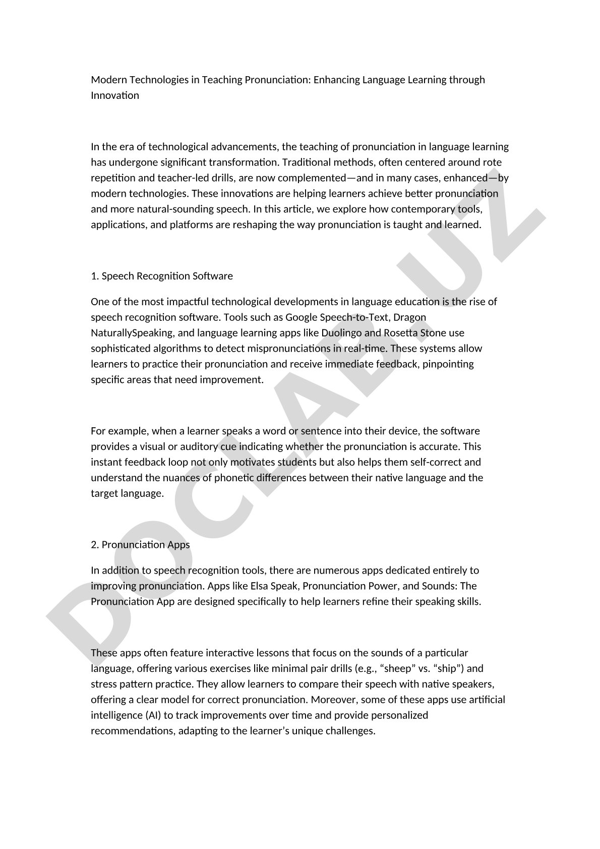 Modern Technologies in Teaching Pronunciation: Enhancing Language Learning through Innovation