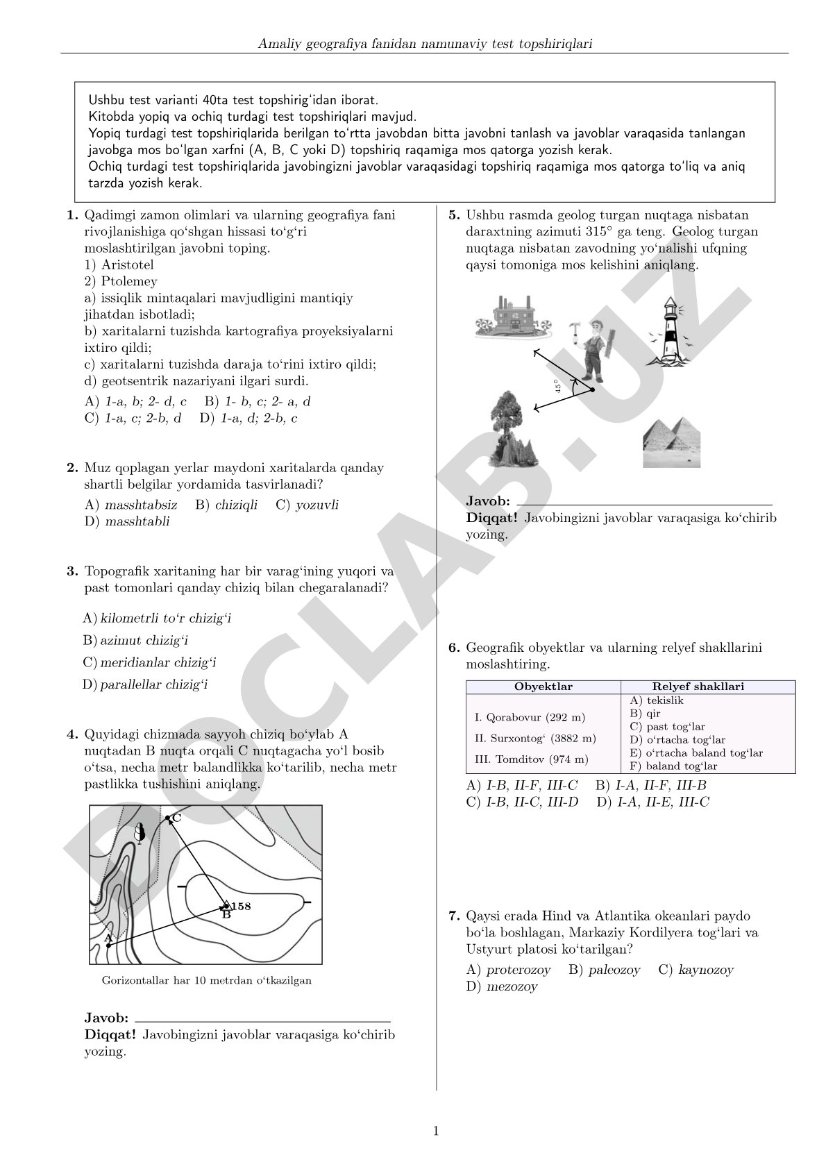 Amaliy geografiya fanidan namunaviy test topshiriqlari