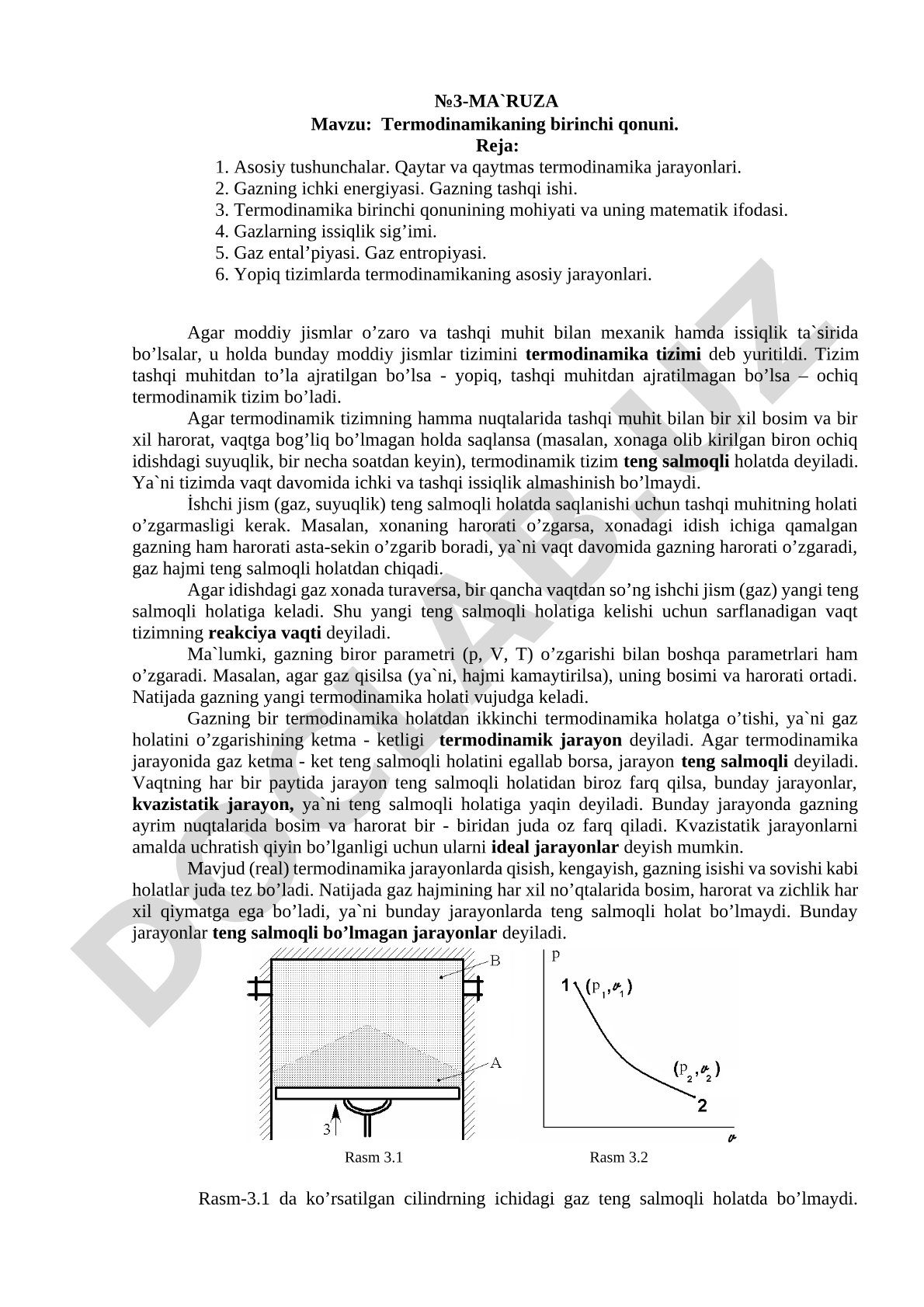 Termodinamikaning birinchi qonuni, ichki energiya, ish, issiqlik sig'imi, entalpiya