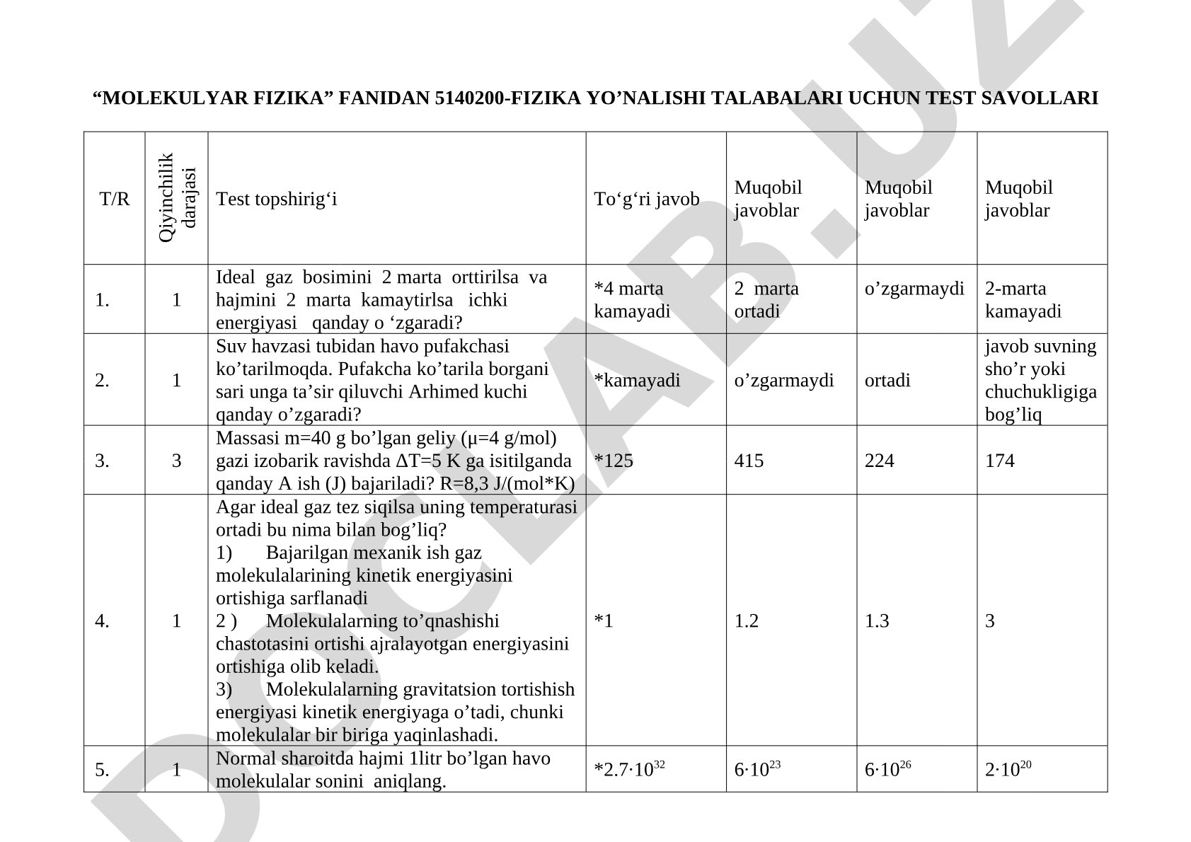 Molekulyar fizika fanidan 5140200-fizika yo’nalishi talabalari uchun test savollari