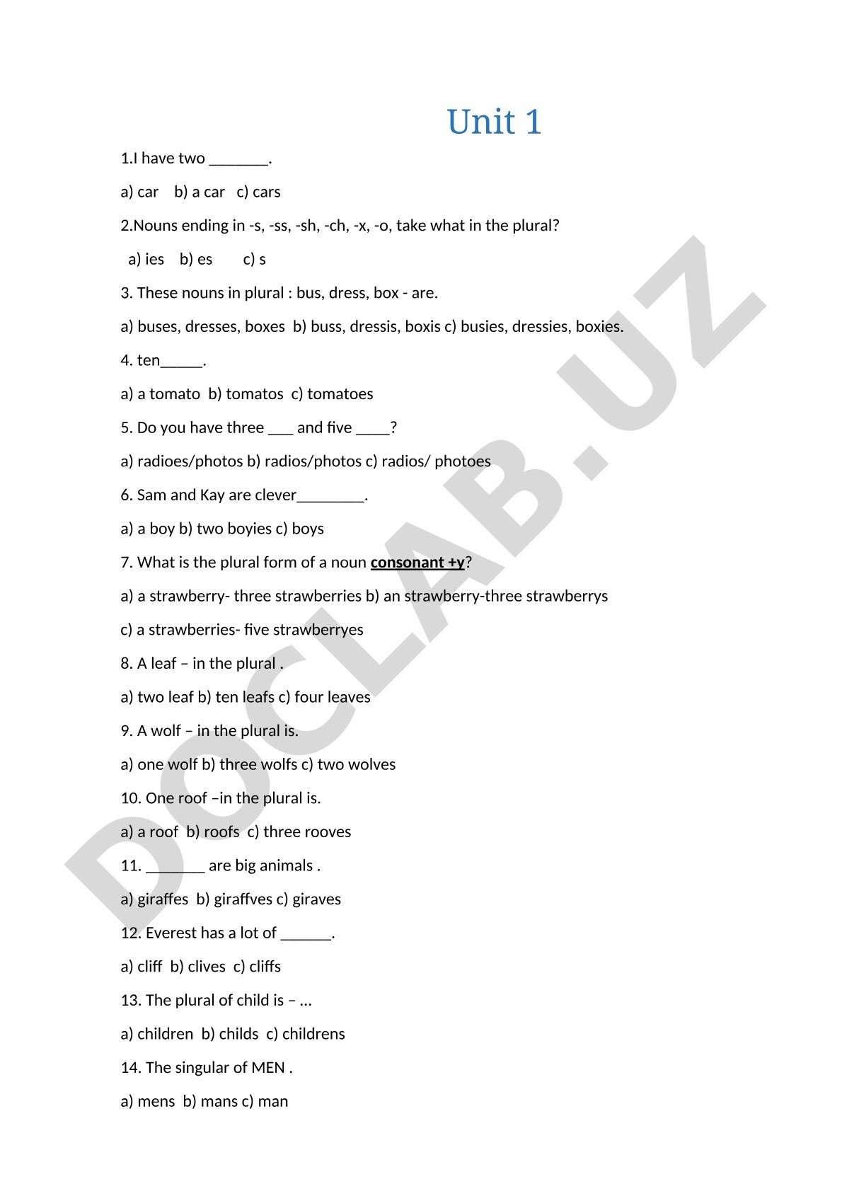 English Plural Nouns Exercises