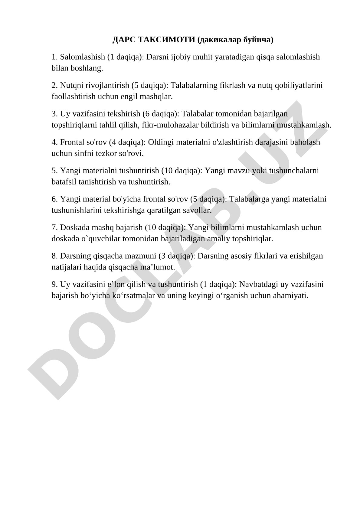 Dars taqsimoti (daqiqalar bo'yicha)