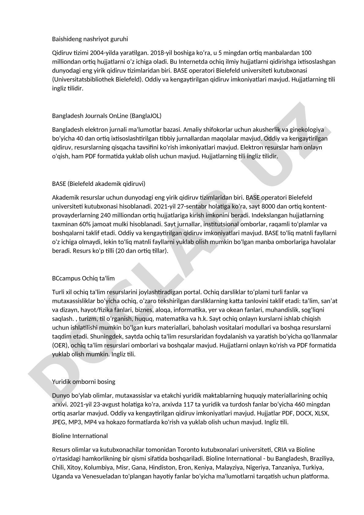 Baishideng, BASE va BanglaJOL qidiruv tizimlari
