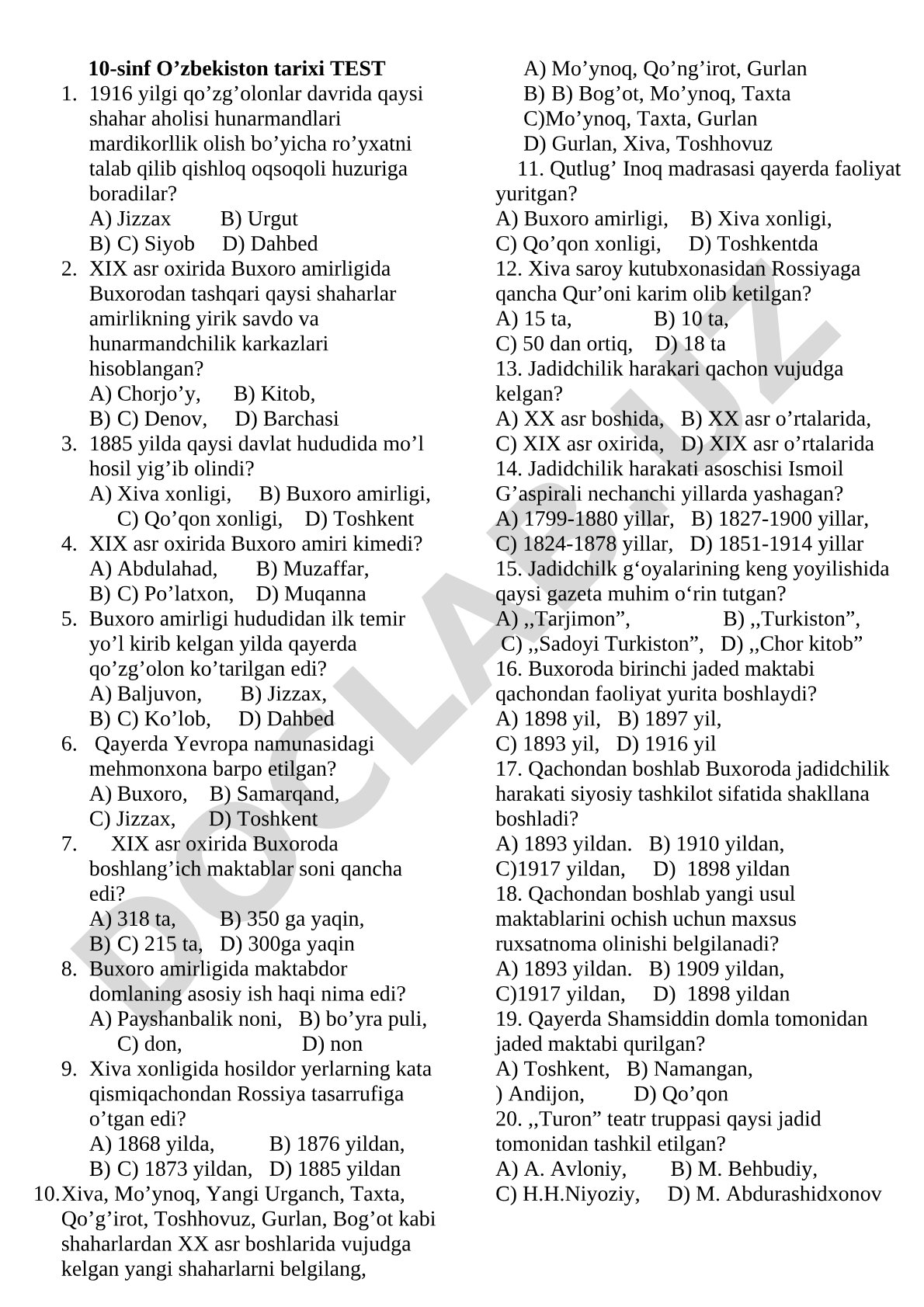 10-sinf O'zbekiston tarixi fanidan test savollari