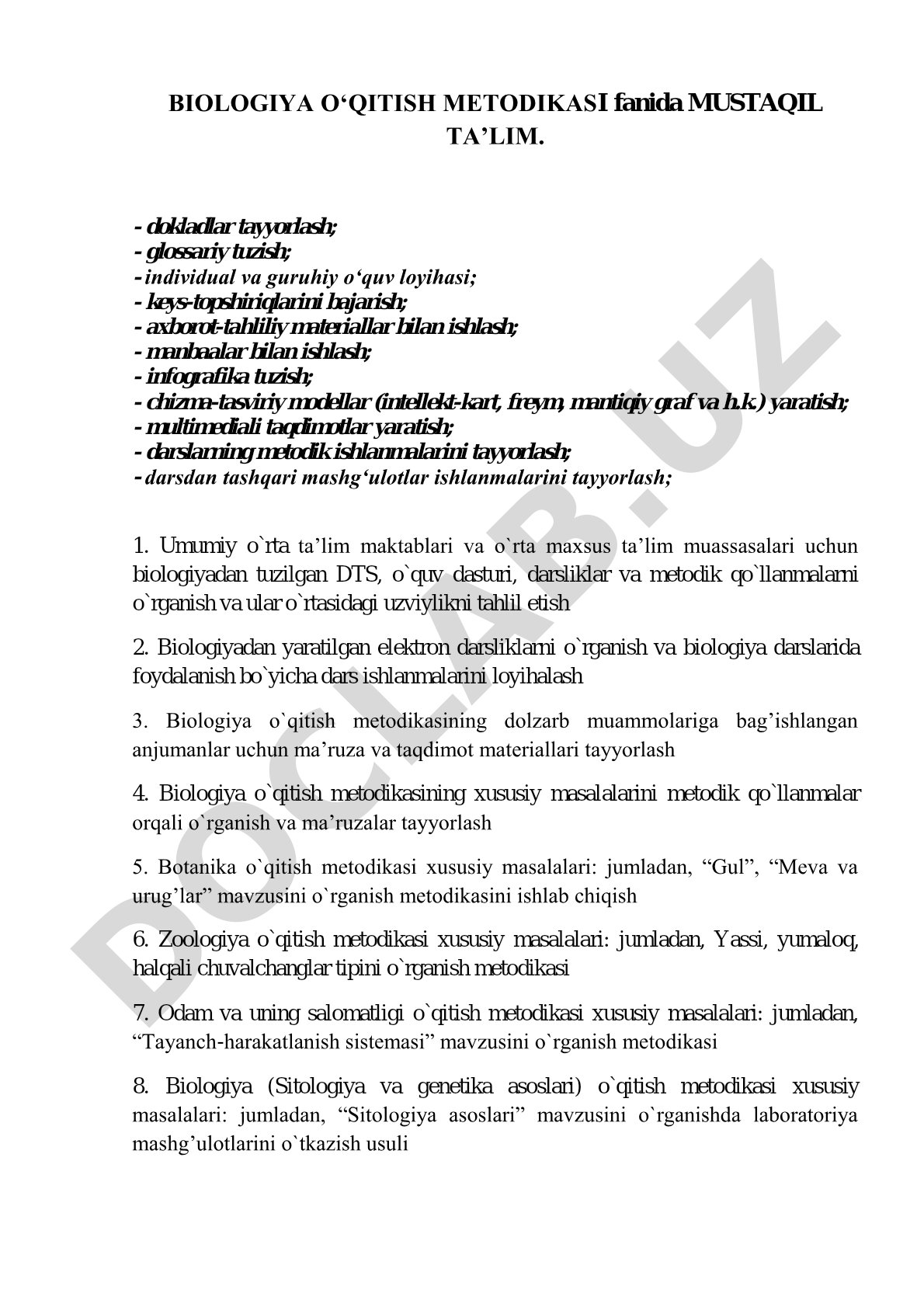 Biologiya o‘qitish metodikasi fanida mustaqil ta’lim