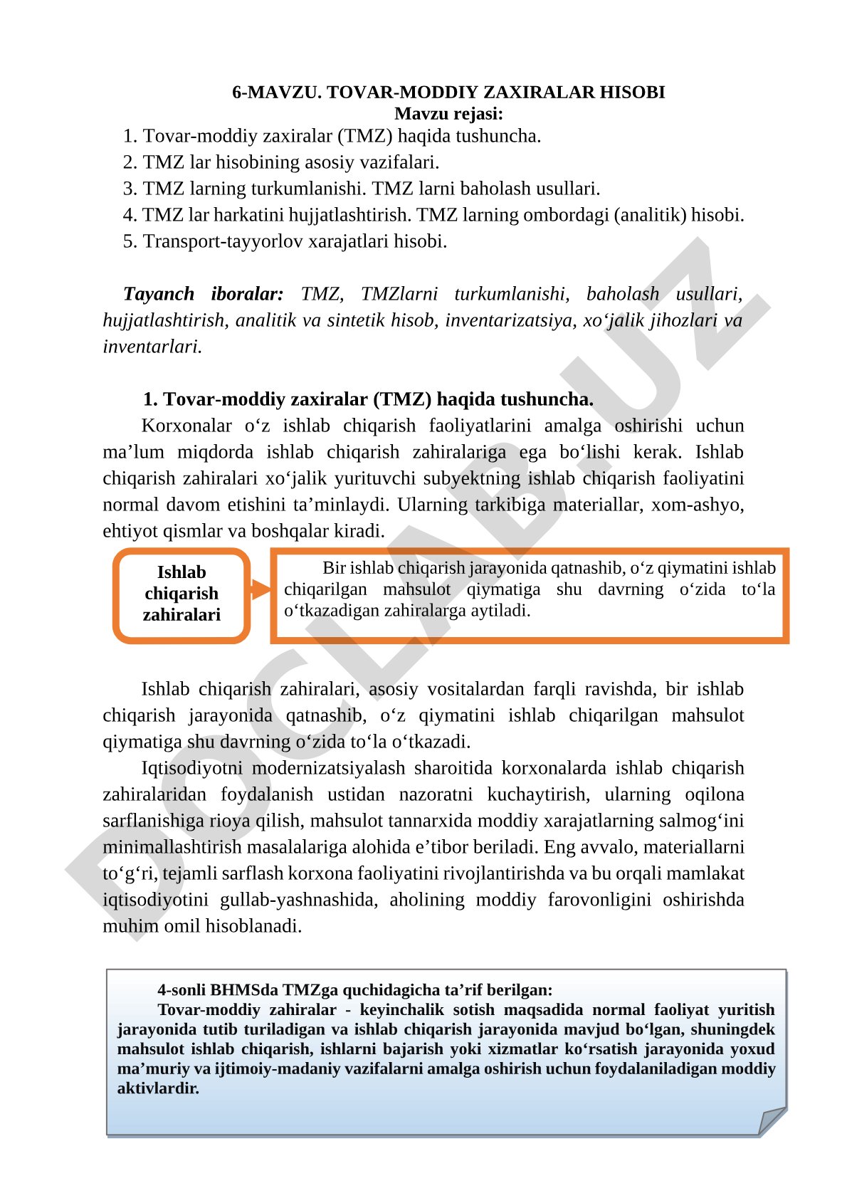 TMZ hisobi: tushuncha, vazifalar, tasnif, baholash, hujjatlashtirish va ombor hisobi