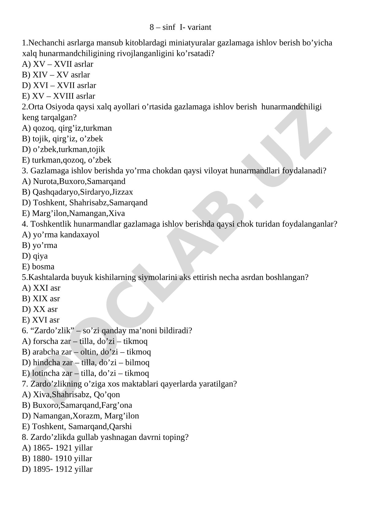 Gazlamaga ishlov berish va zardo'zlik bo'yicha test