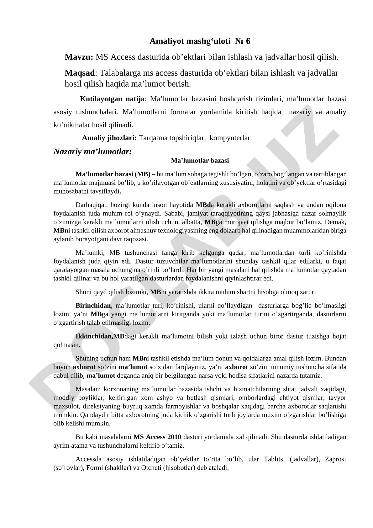 MS Access dasturida ob'ektlari bilan ishlash va jadvallar hosil qilish