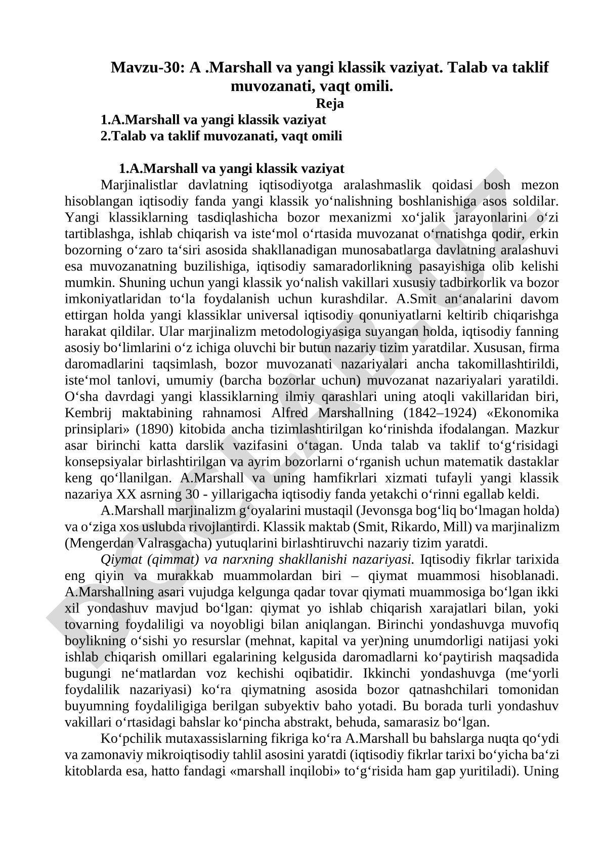 A. Marshall va yangi klassik vaziyat. Talab va taklif muvozanati, vaqt omili