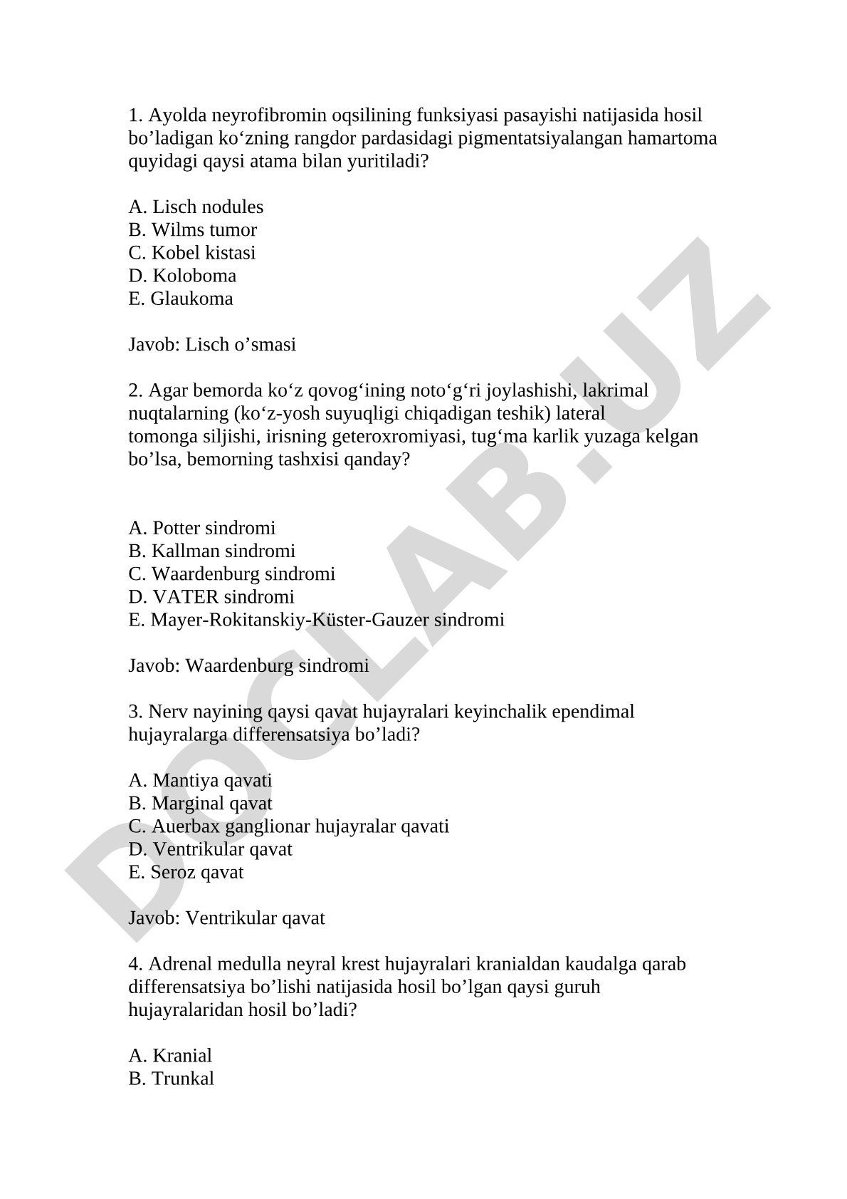 Tibbiy genetika va embriologiya test savollari