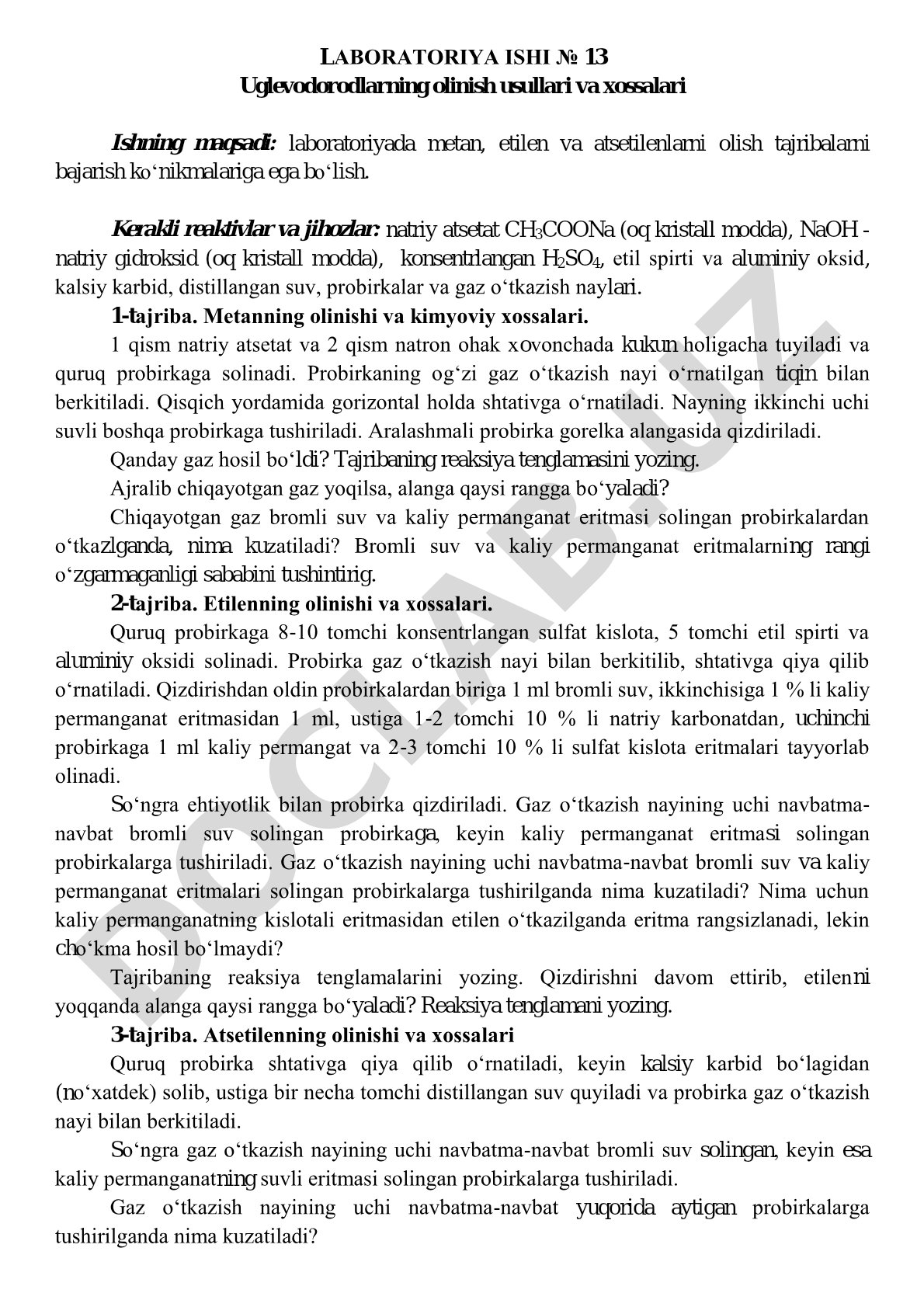 Uglevodorodlarning olinish usullari va xossalari