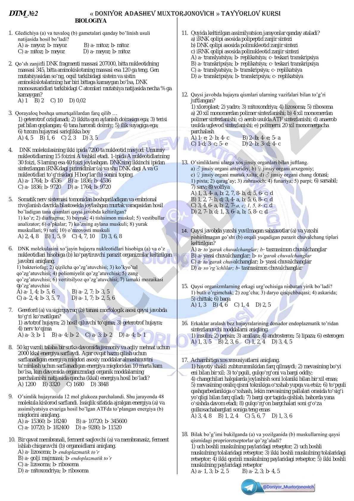 Biologiya test savollari
