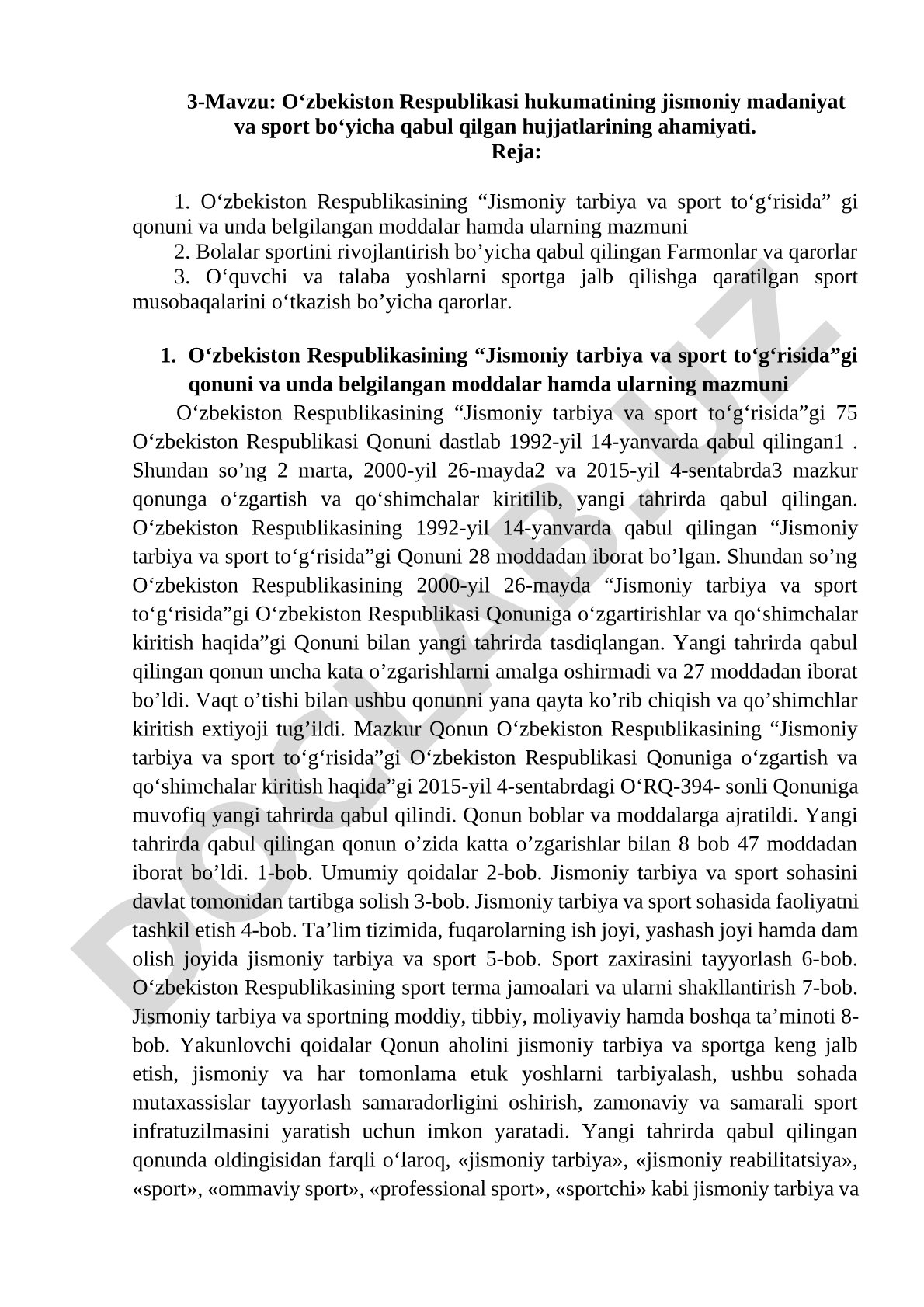 O‘zbekiston Respublikasi hukumatining jismoniy madaniyat va sport bo‘yicha qabul qilgan hujjatlarining ahamiyati