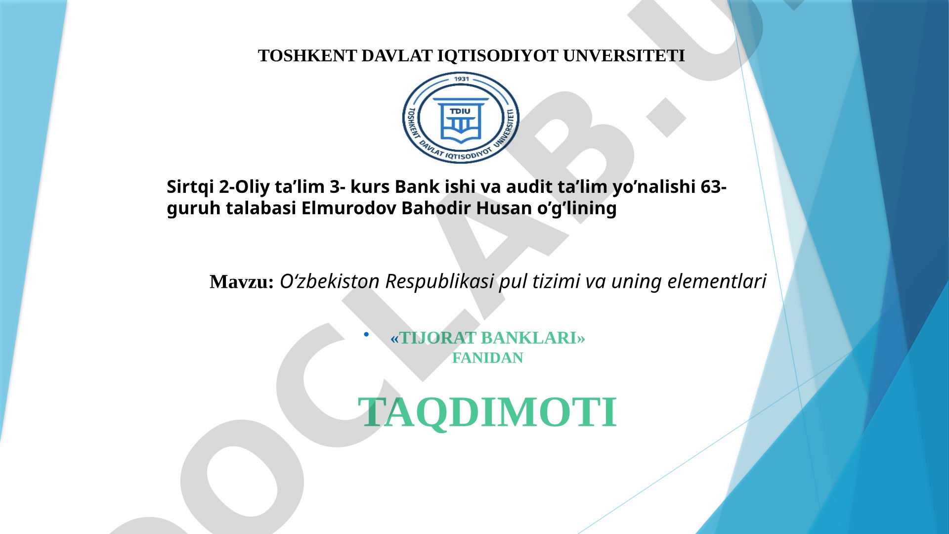 Oʻzbekiston Respublikasi pul tizimi va uning elementlari