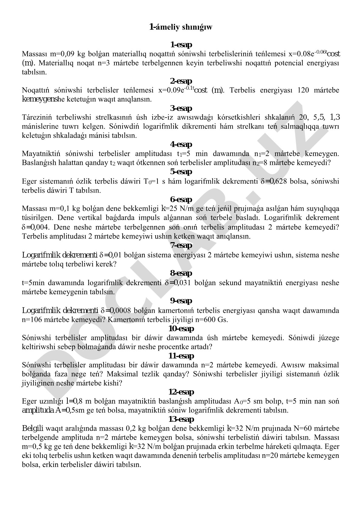 Sóniwshi terbelisler hám logarifmlik dekrement boyınsha esaplar