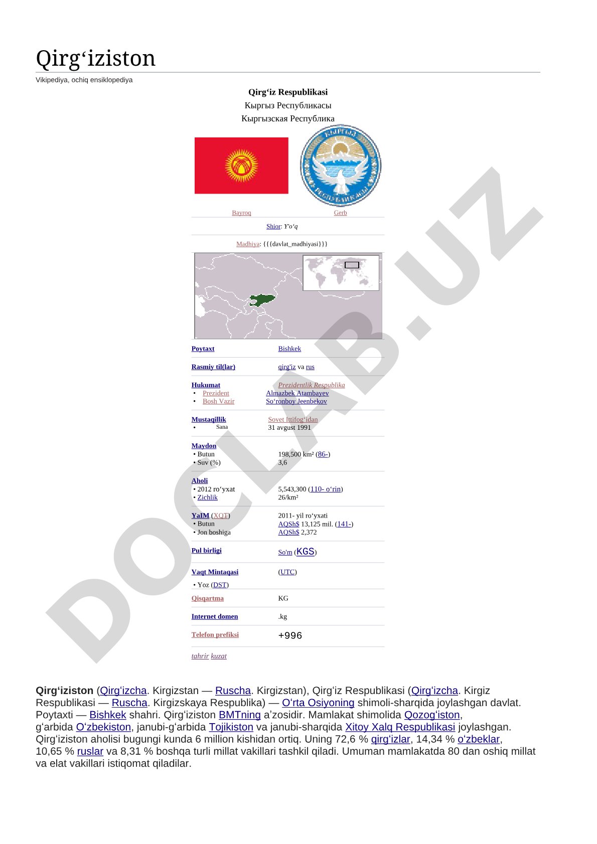 Qirgʻiziston Respublikasi geografiyasi, aholisi va iqtisodiyoti