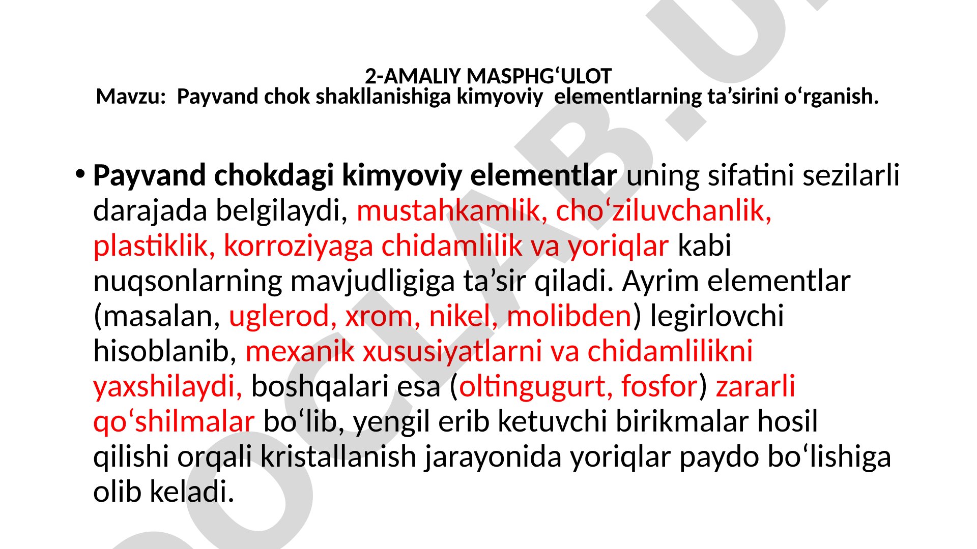 Payvand chok shakllanishiga kimyoviy elementlarning ta'sirini o'rganish