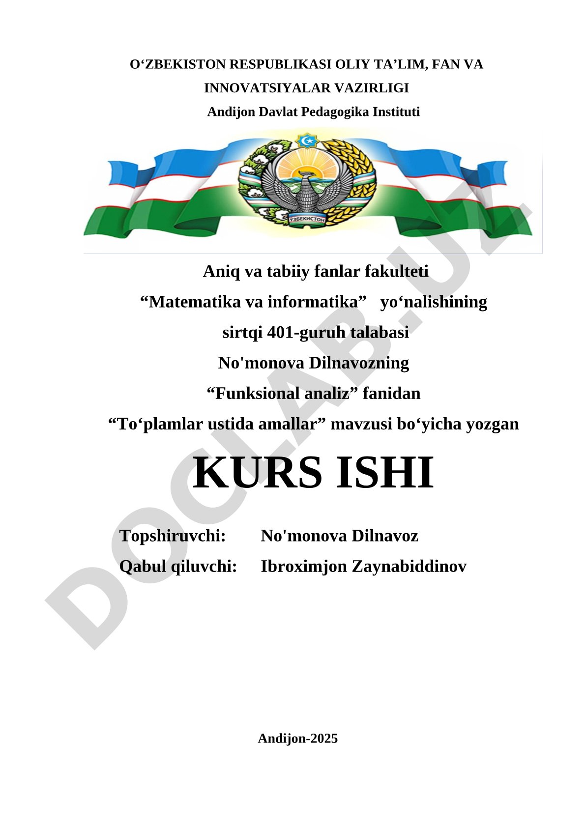 Funksional analizda to‘plamlar ustida bajariladigan amallarga oid kurs ishi