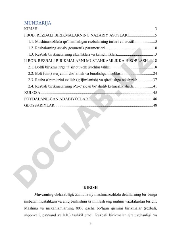 Rezbali birikmalarning nazariy asoslari va mustahkamlikka hisoblash