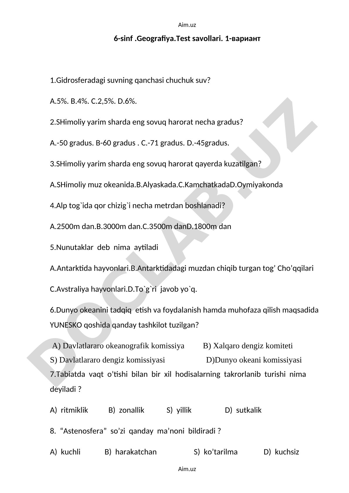 6-sinf Geografiya Test savollari